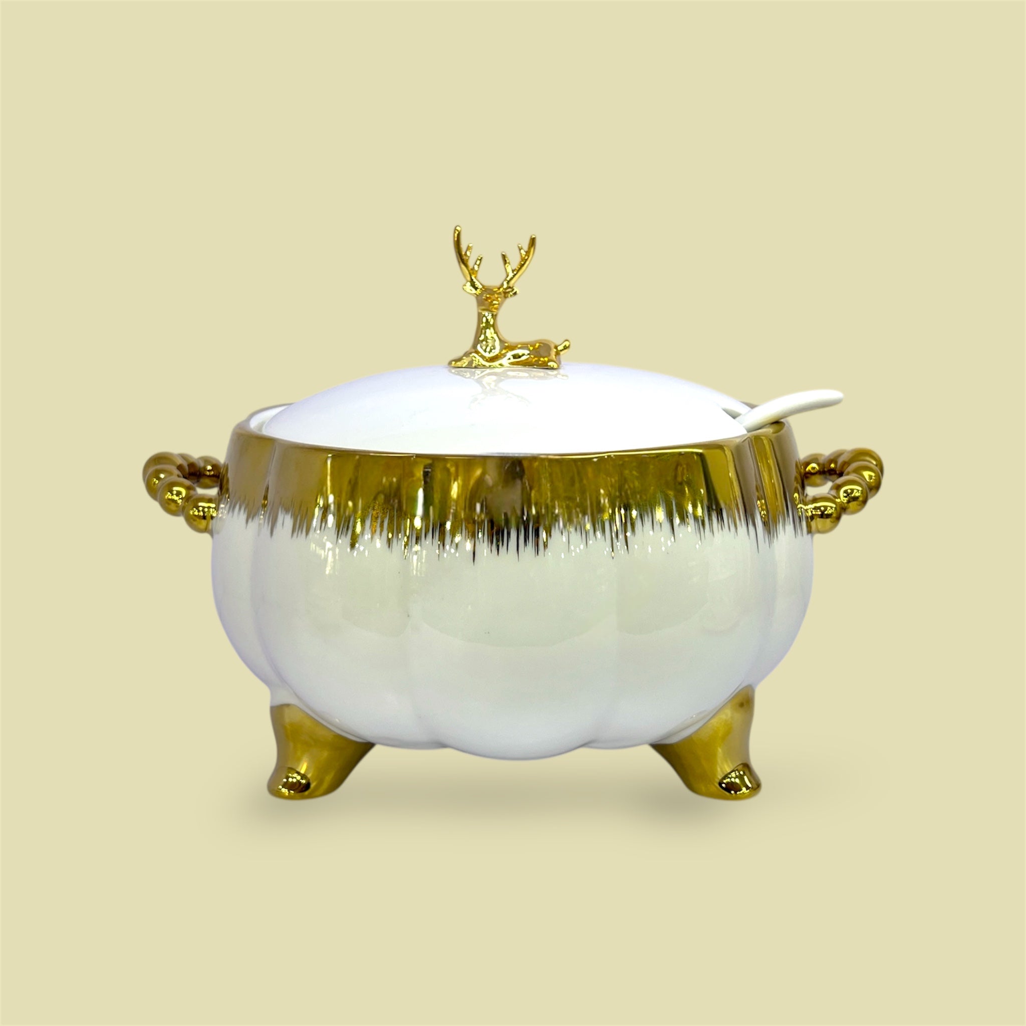 16-Piece Royale Soup Set With Wooden Stand White and Golden