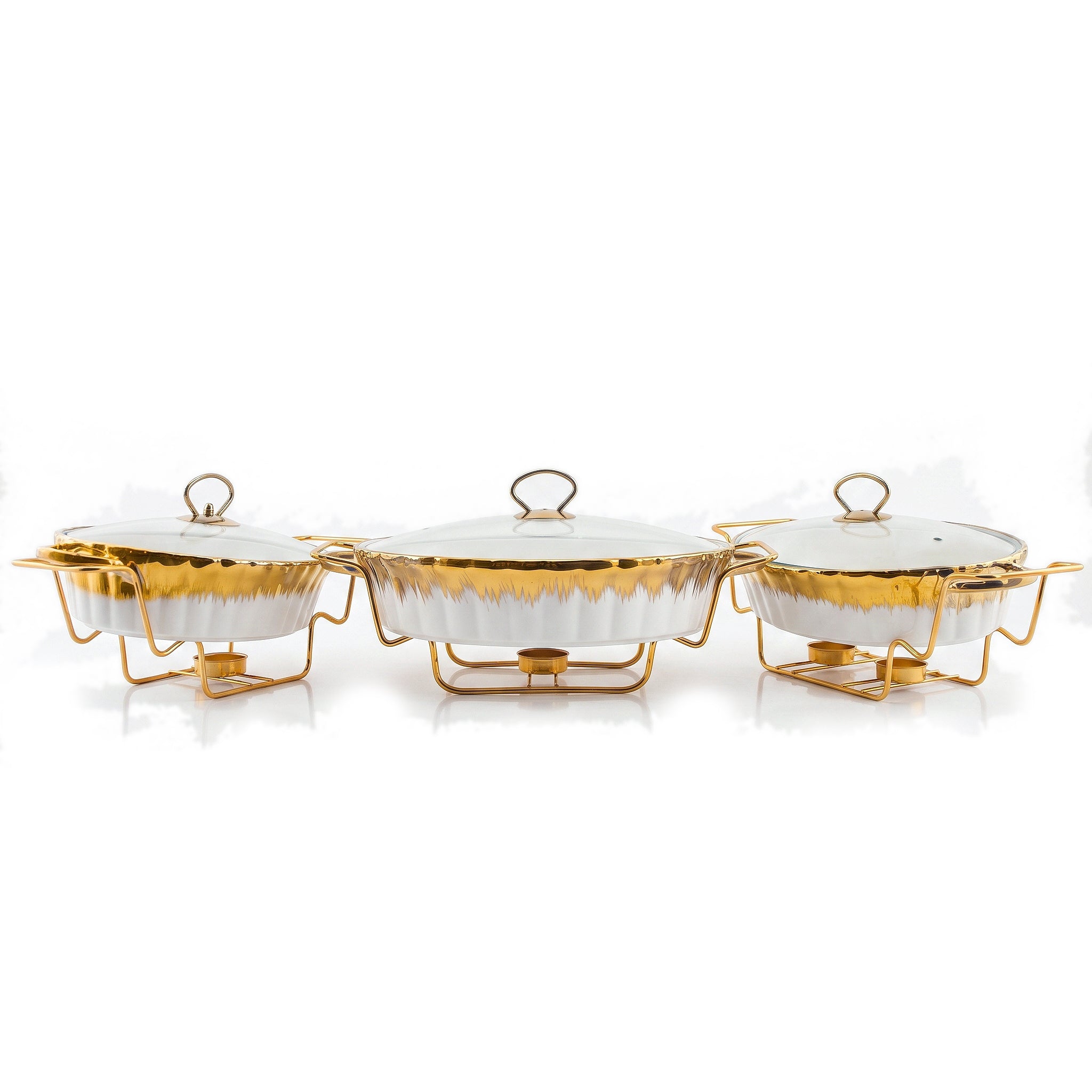 S/W Ceramic Oval Food Warmer Set With Glass Lid And Golden Metallic Stands