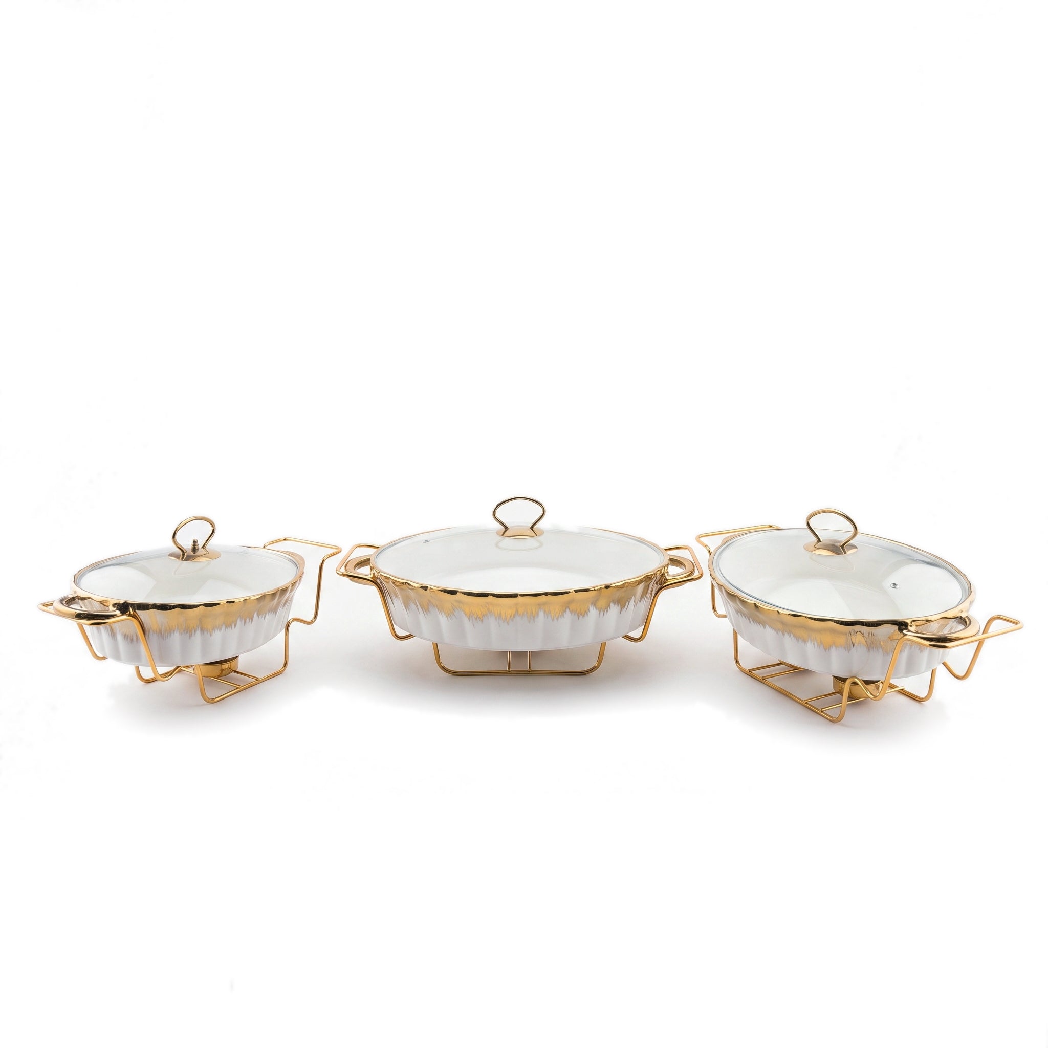 S/W Ceramic Oval Food Warmer Set With Glass Lid And Golden Metallic Stands