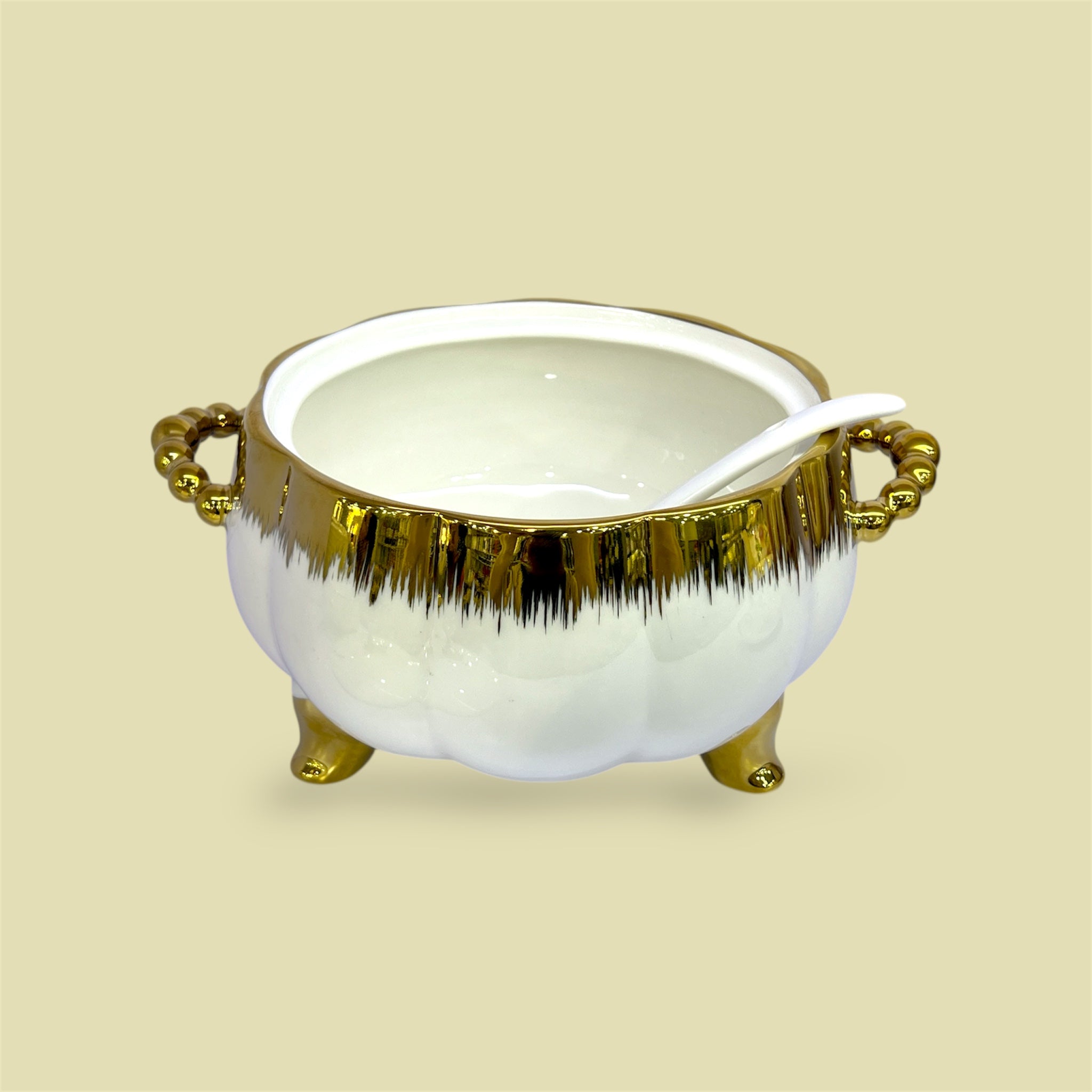 16-Piece Royale Soup Set With Wooden Stand White and Golden