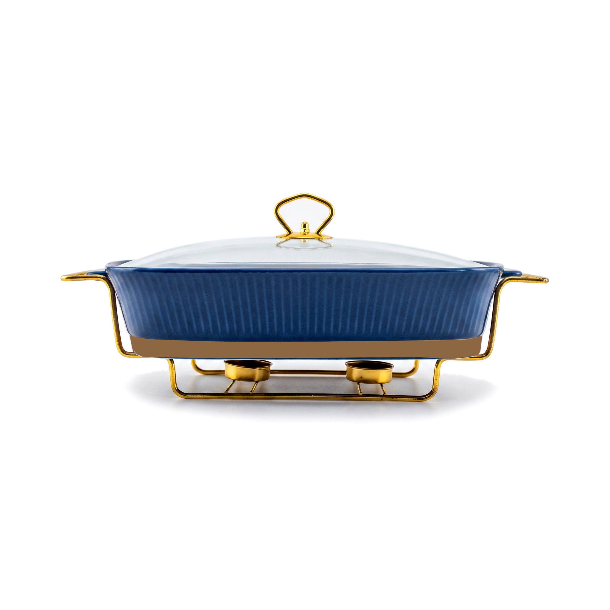 UK Parliament Rectangular Ceramic Food Warmers With Glass Lid AND Golden Metallic Stand