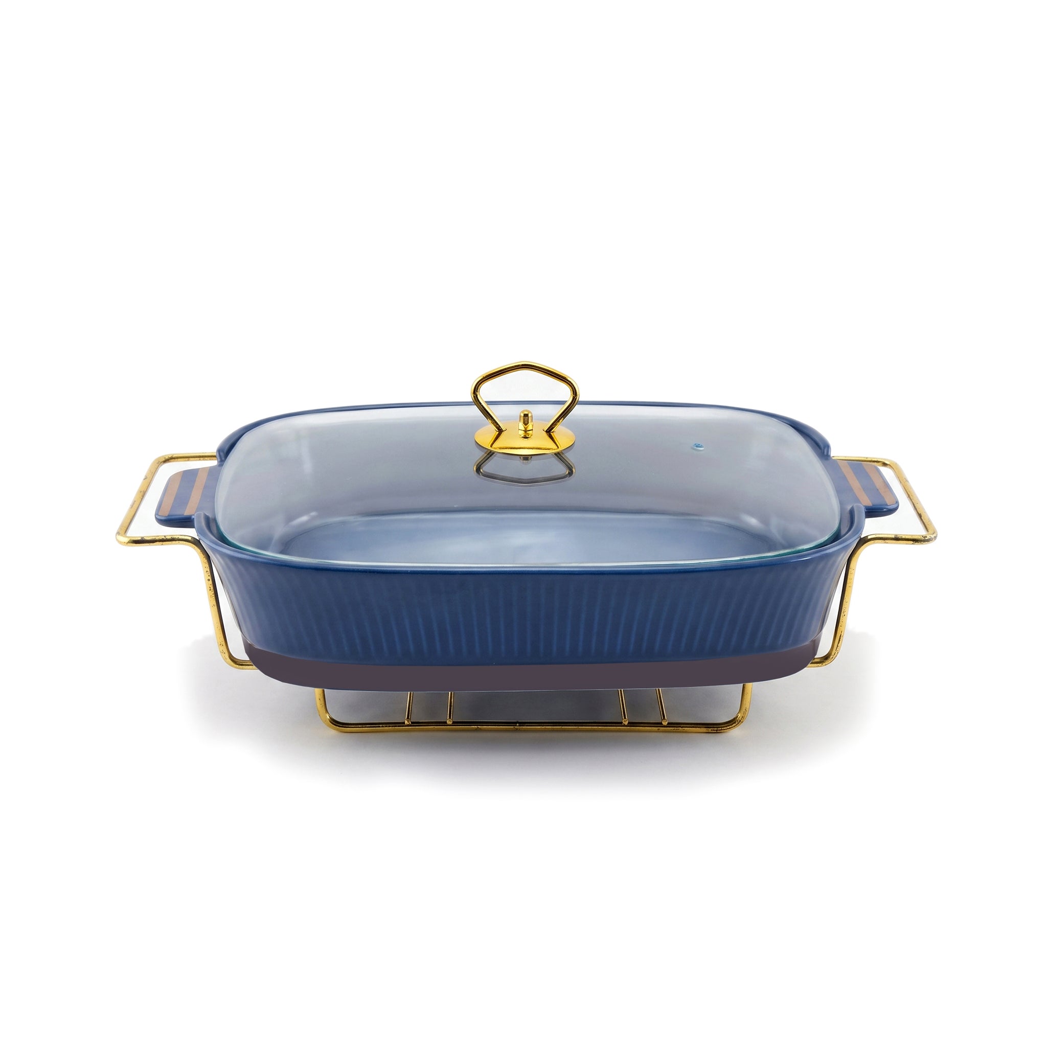 UK Parliament Rectangular Ceramic Food Warmers With Glass Lid AND Golden Metallic Stand