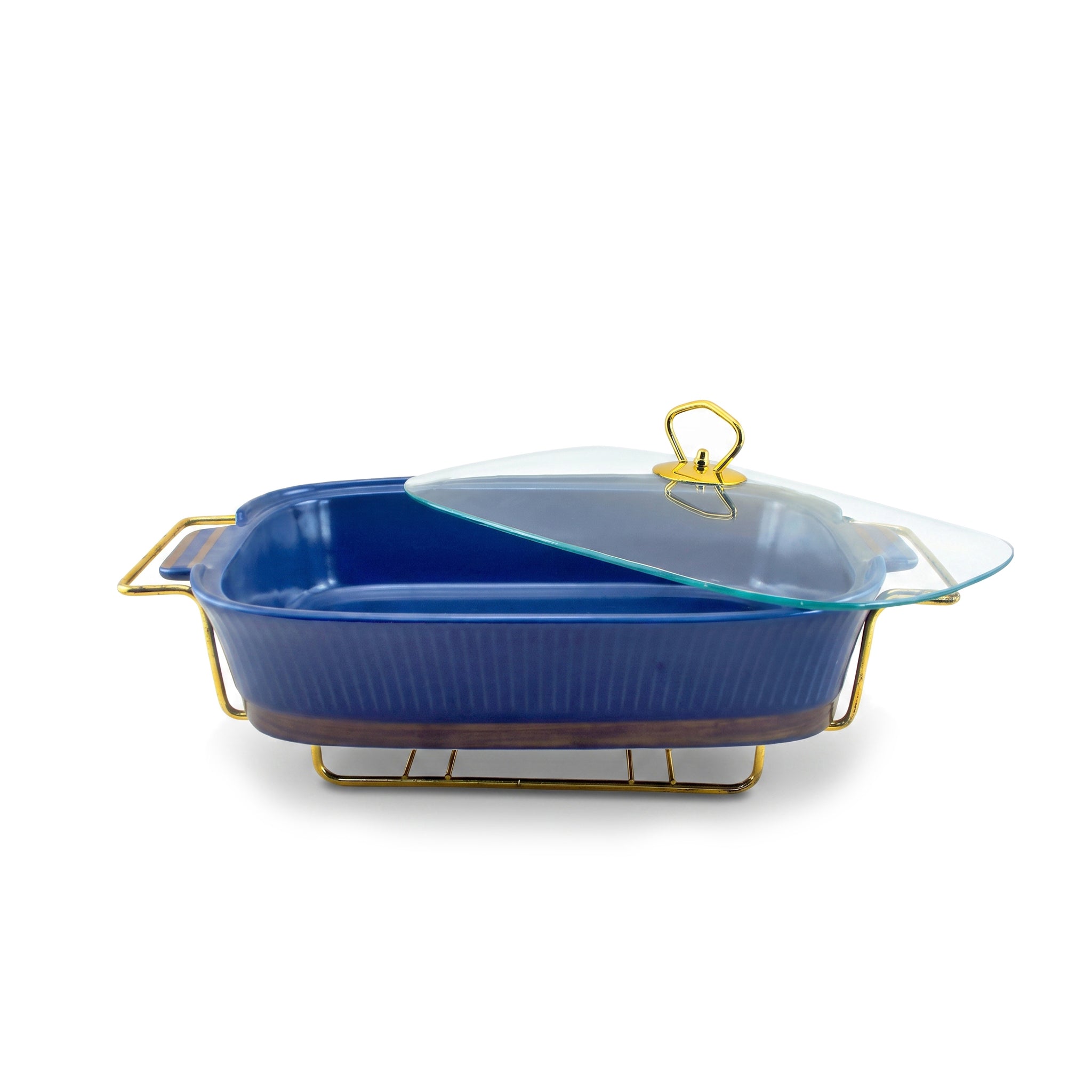 UK Parliament Rectangular Ceramic Food Warmers With Glass Lid AND Golden Metallic Stand