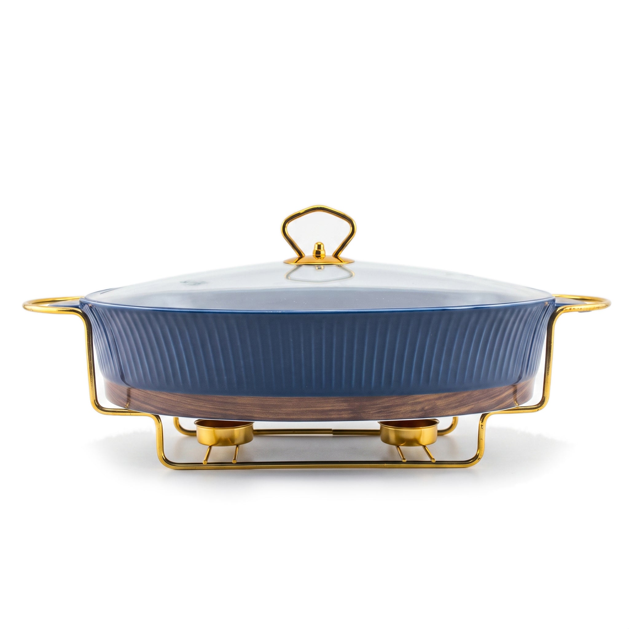 UK Parliament Ceramic Oval Food Warmers With Glass Lid AND Golden Metallic Stand