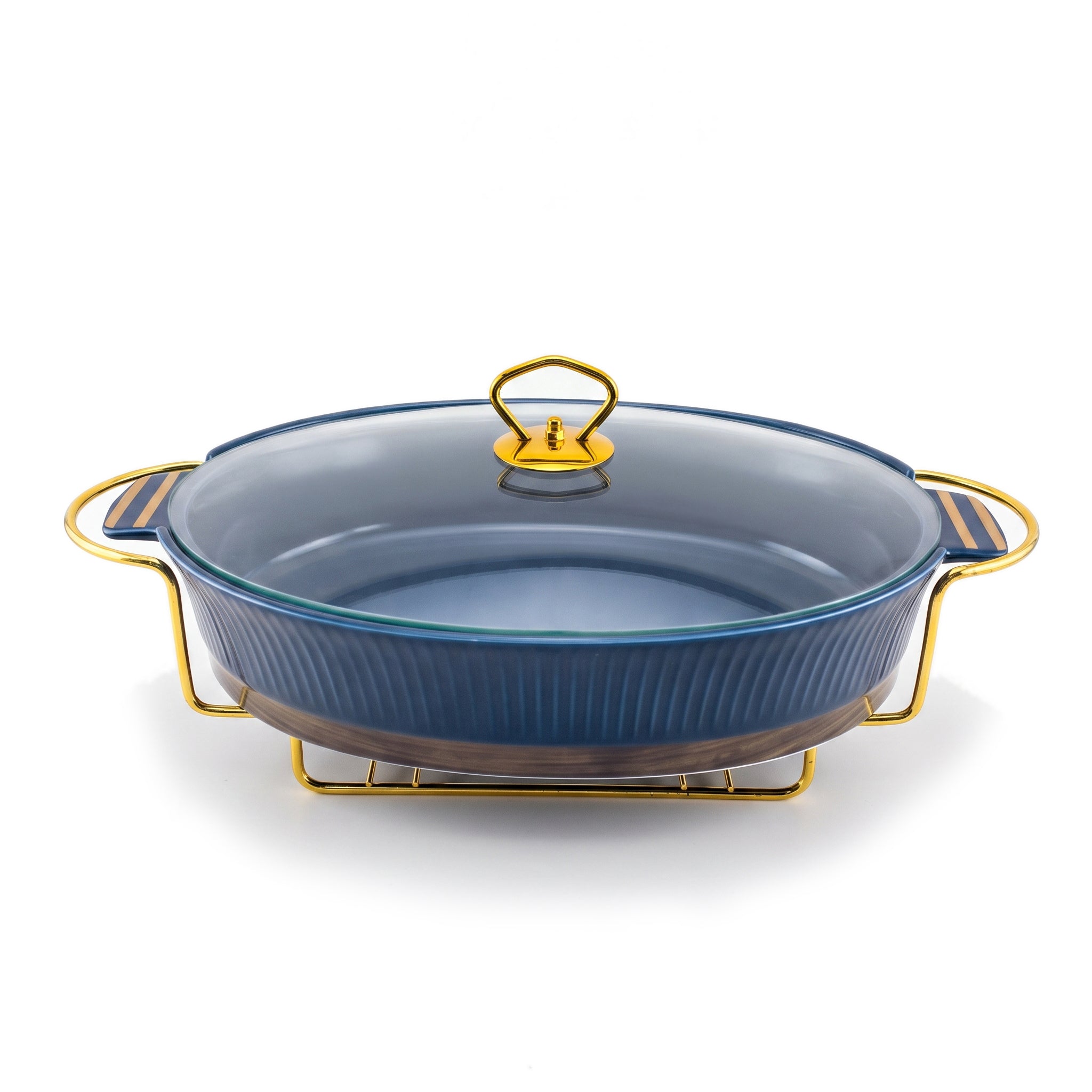 UK Parliament Ceramic Oval Food Warmers With Glass Lid AND Golden Metallic Stand