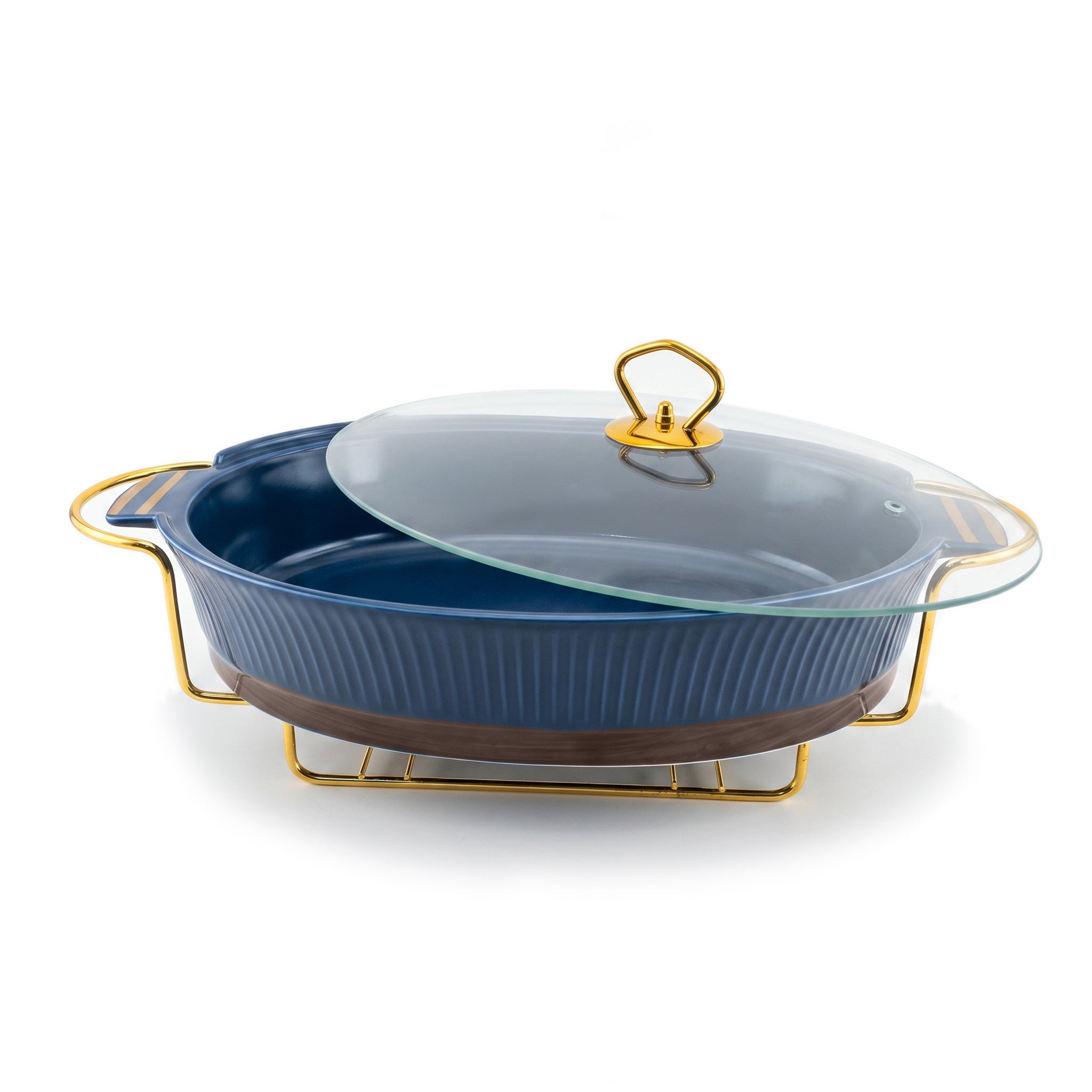 UK Parliament Ceramic Oval Food Warmers With Glass Lid AND Golden Metallic Stand