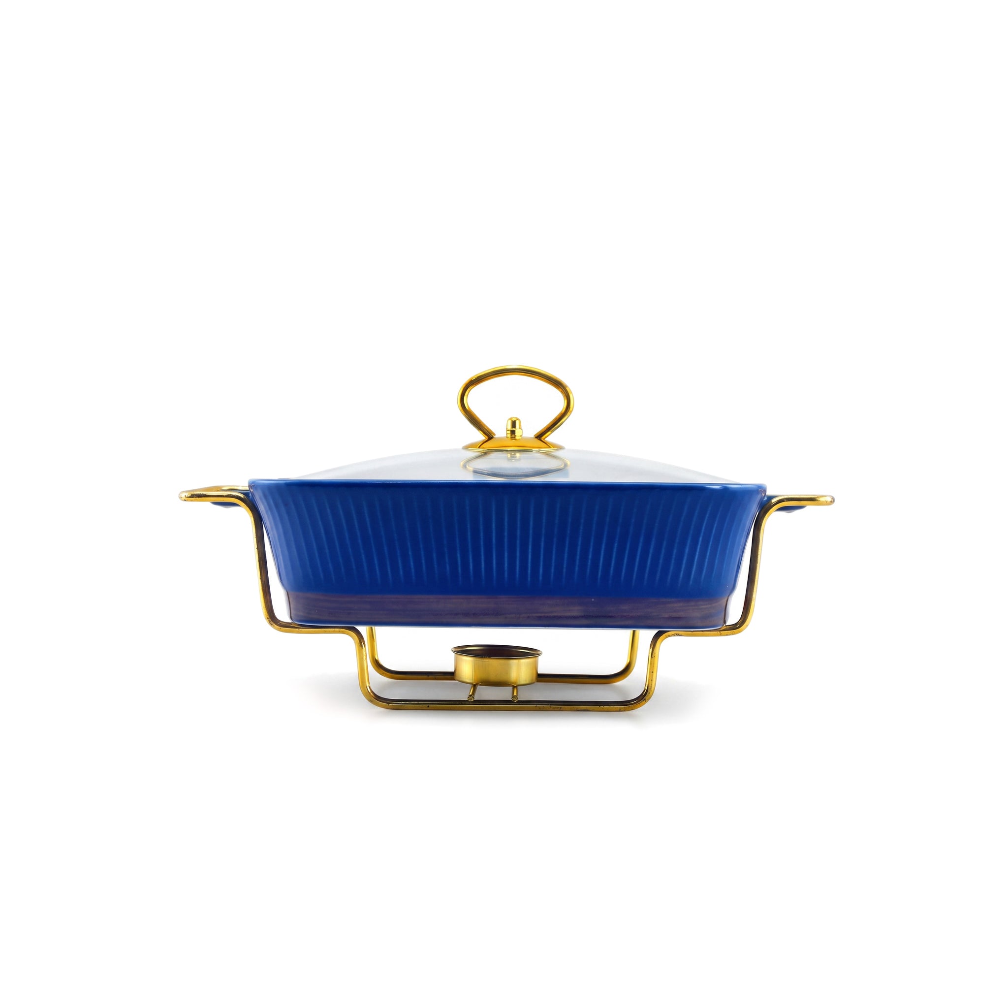 UK Parliament Rectangular Ceramic Food Warmers With Glass Lid AND Golden Metallic Stand