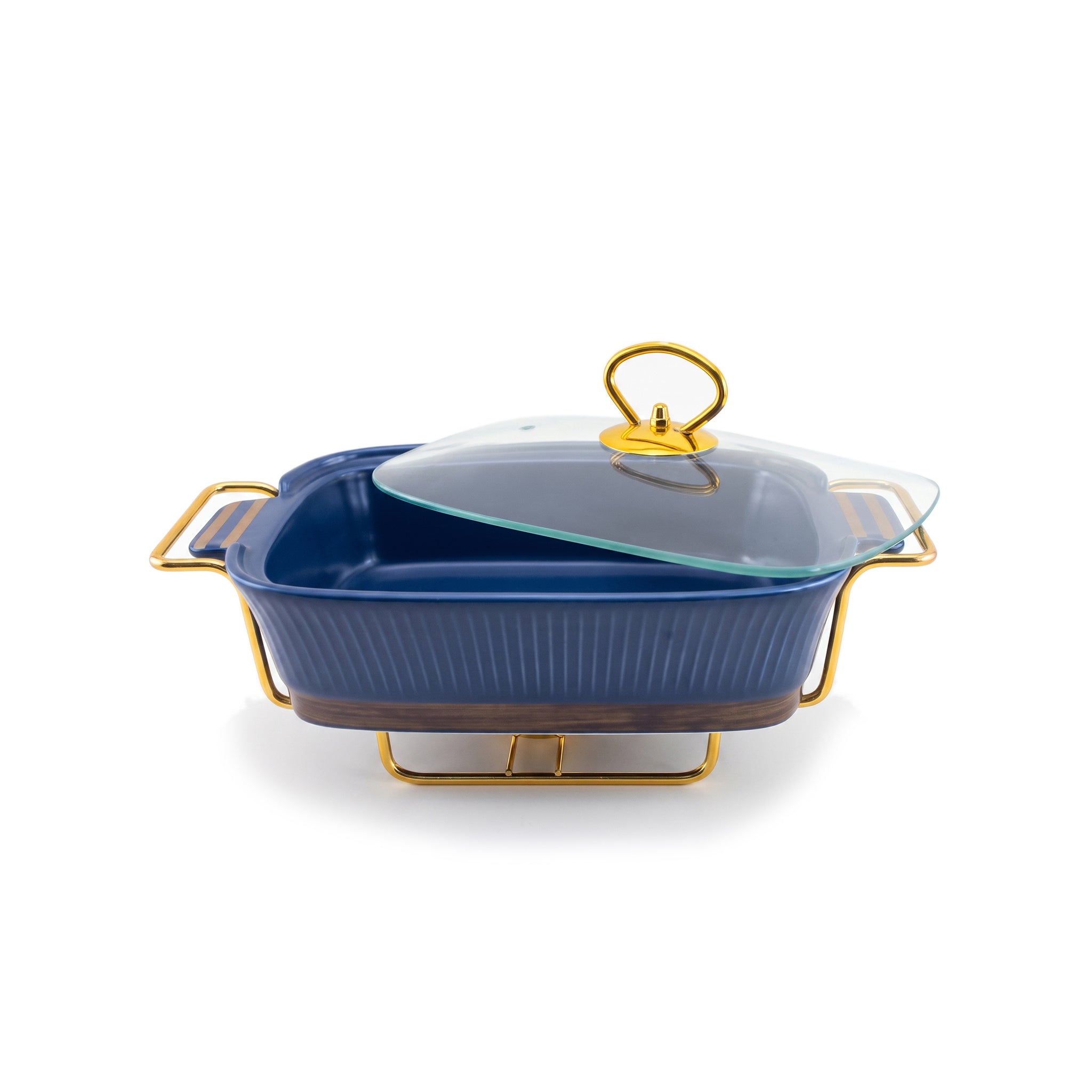 UK Parliament Rectangular Ceramic Food Warmers With Glass Lid AND Golden Metallic Stand