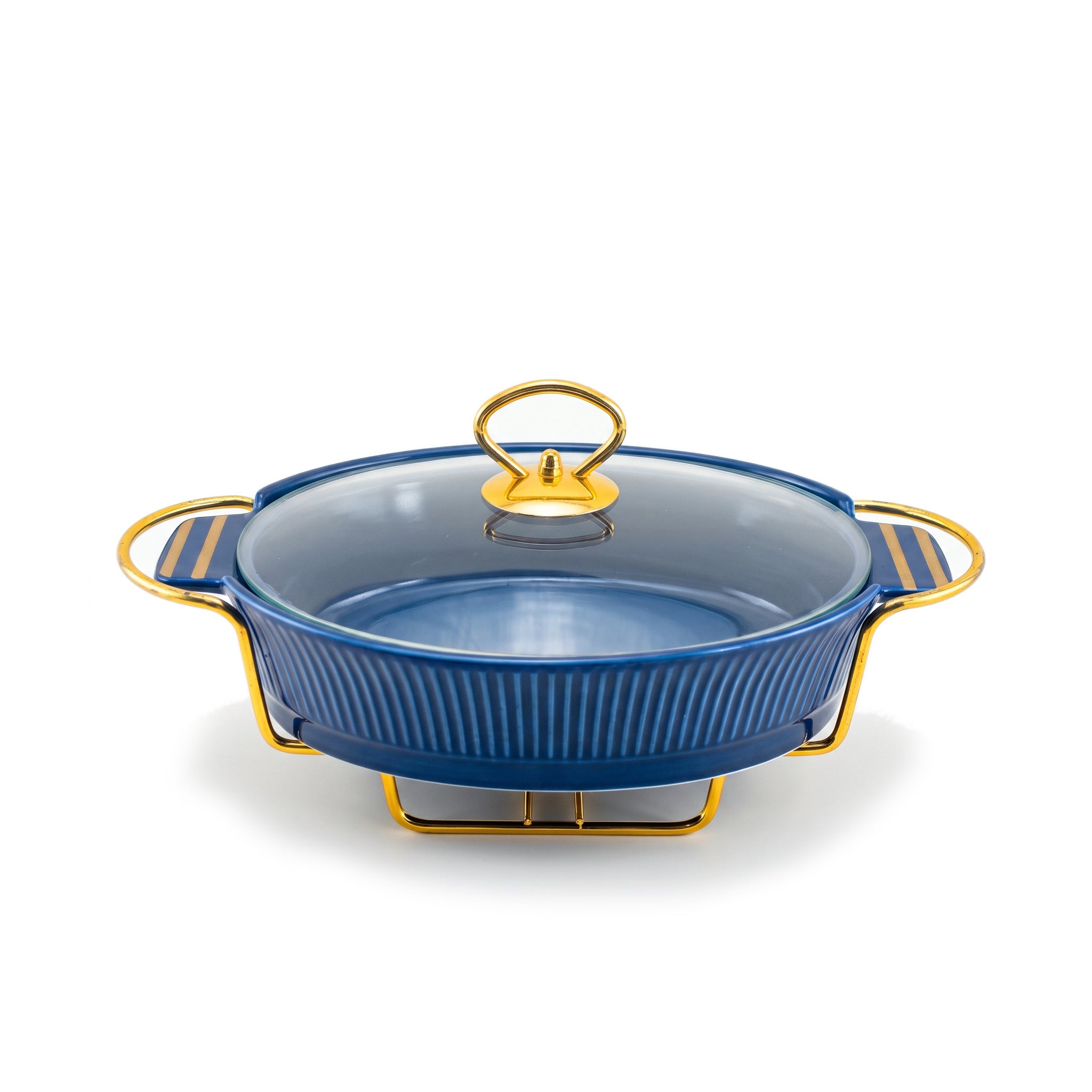 UK Parliament Ceramic Oval Food Warmers With Glass Lid AND Golden Metallic Stand