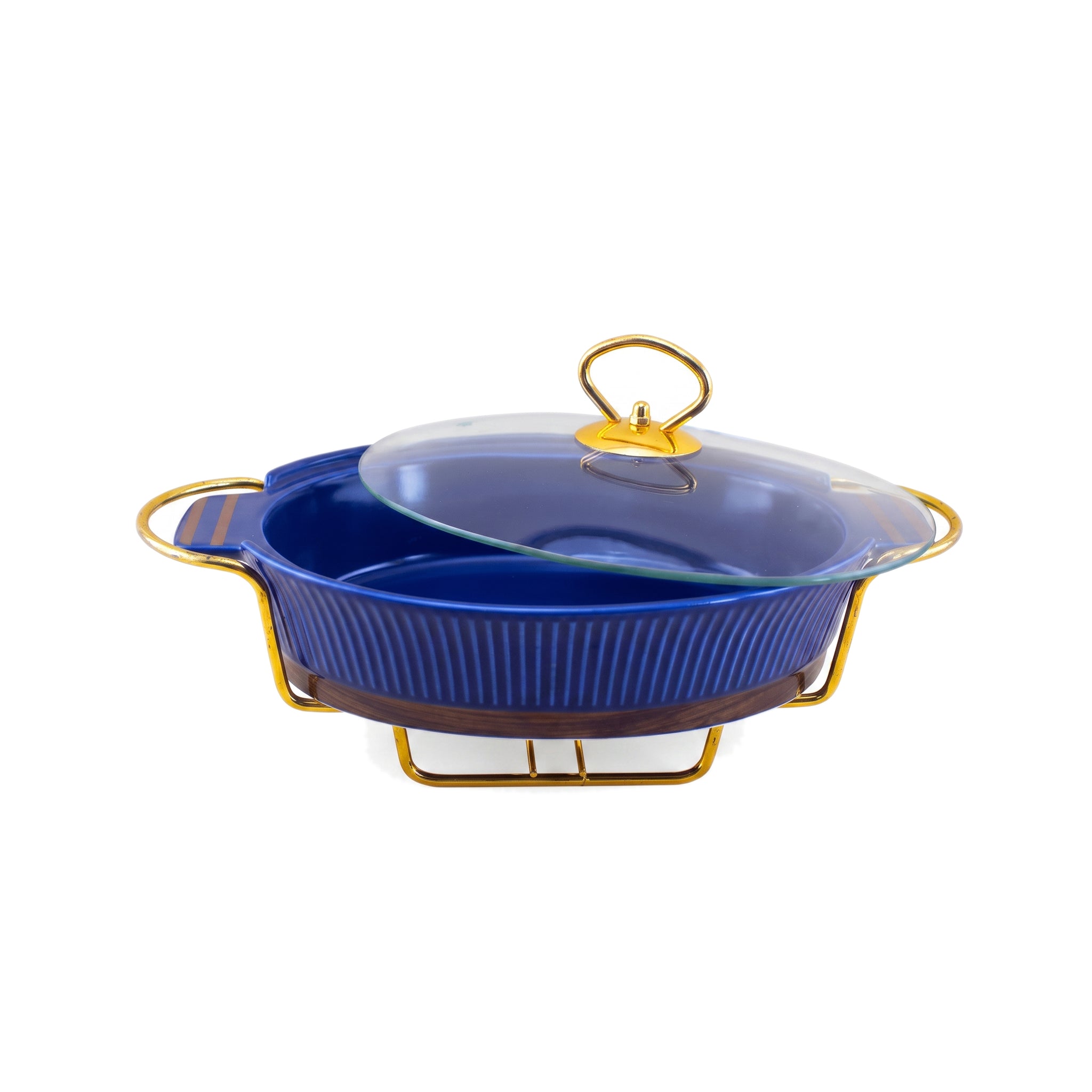 UK Parliament Ceramic Oval Food Warmers With Glass Lid AND Golden Metallic Stand