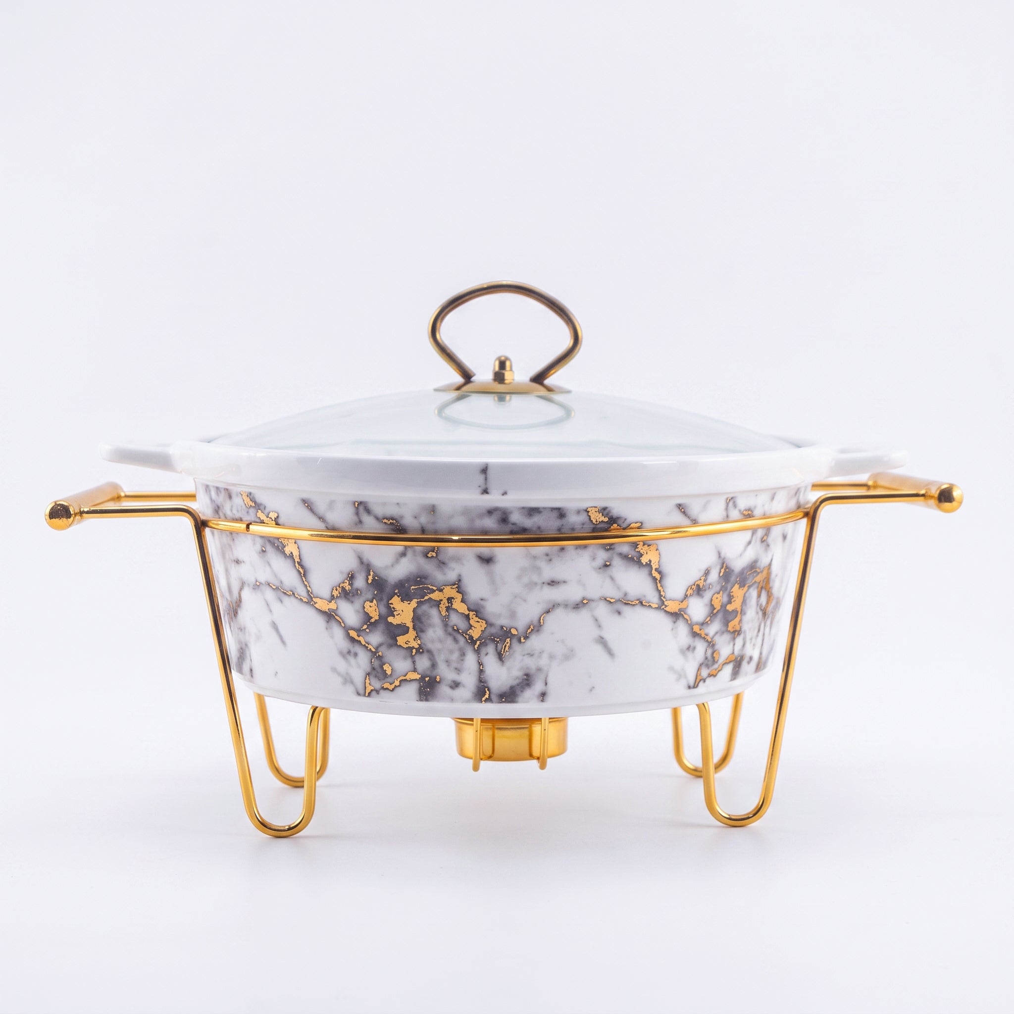 S/W Ceramic Imperial White Warmer Casserole With Glass Lid AND Golden Metallic Stand