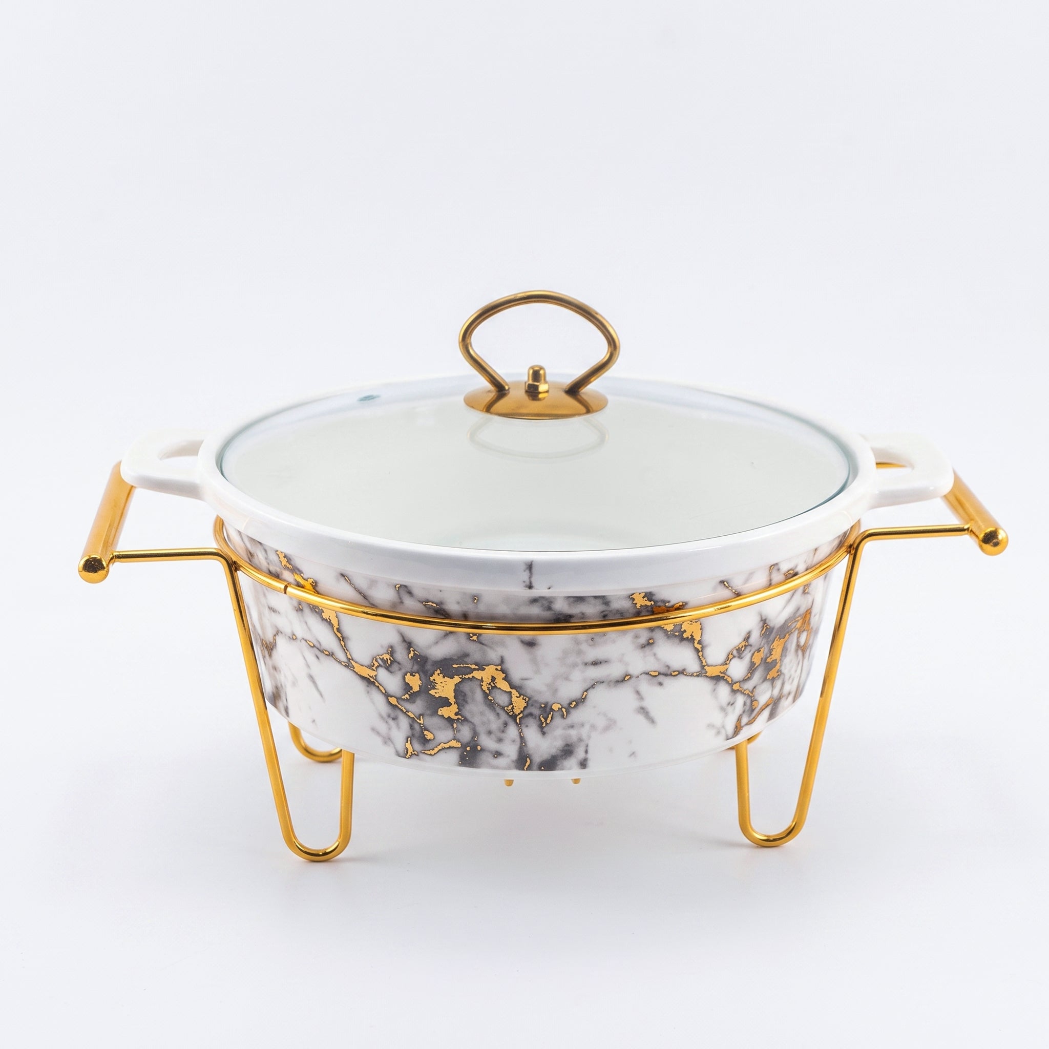 S/W Ceramic Imperial White Warmer Casserole With Glass Lid AND Golden Metallic Stand