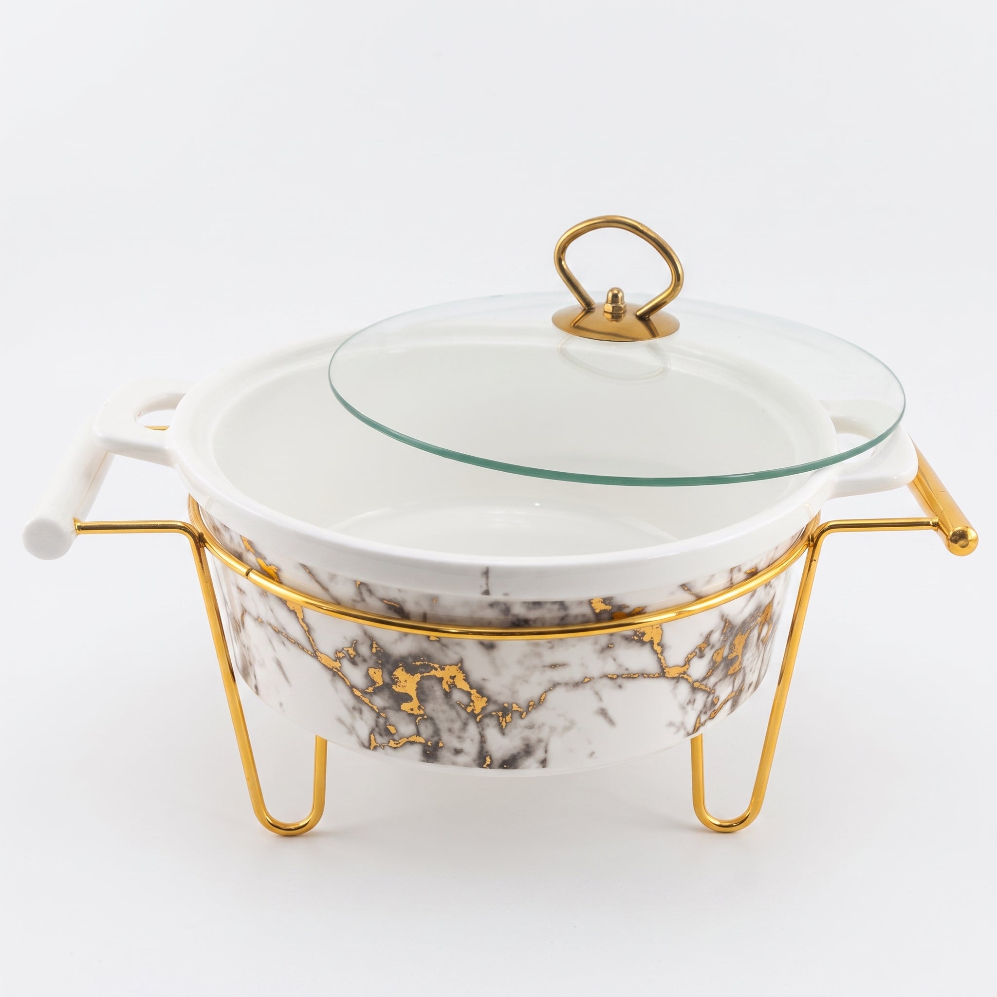 S/W Ceramic Imperial White Warmer Casserole With Glass Lid AND Golden Metallic Stand