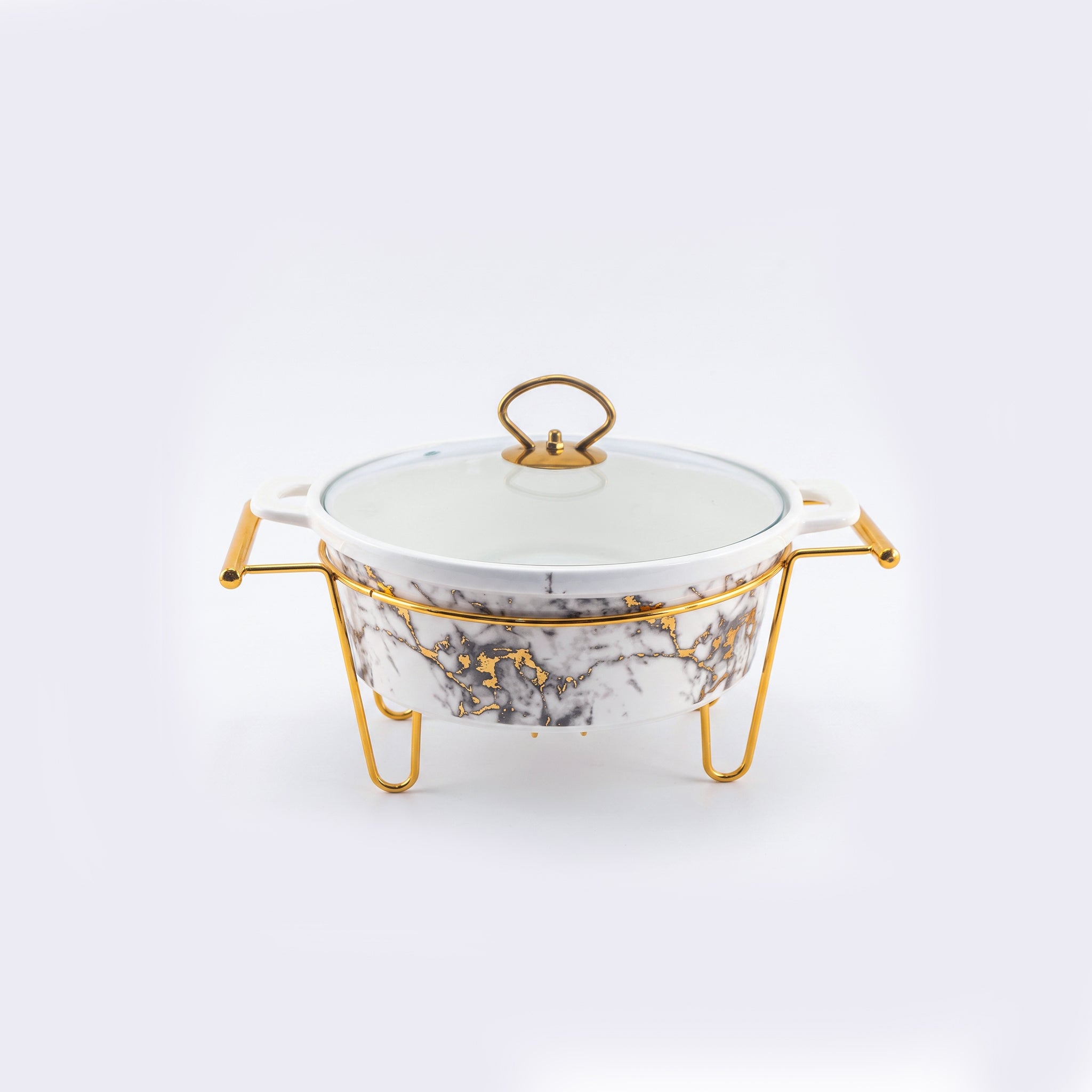 S/W Ceramic Imperial White Warmer Casserole With Glass Lid AND Golden Metallic Stand