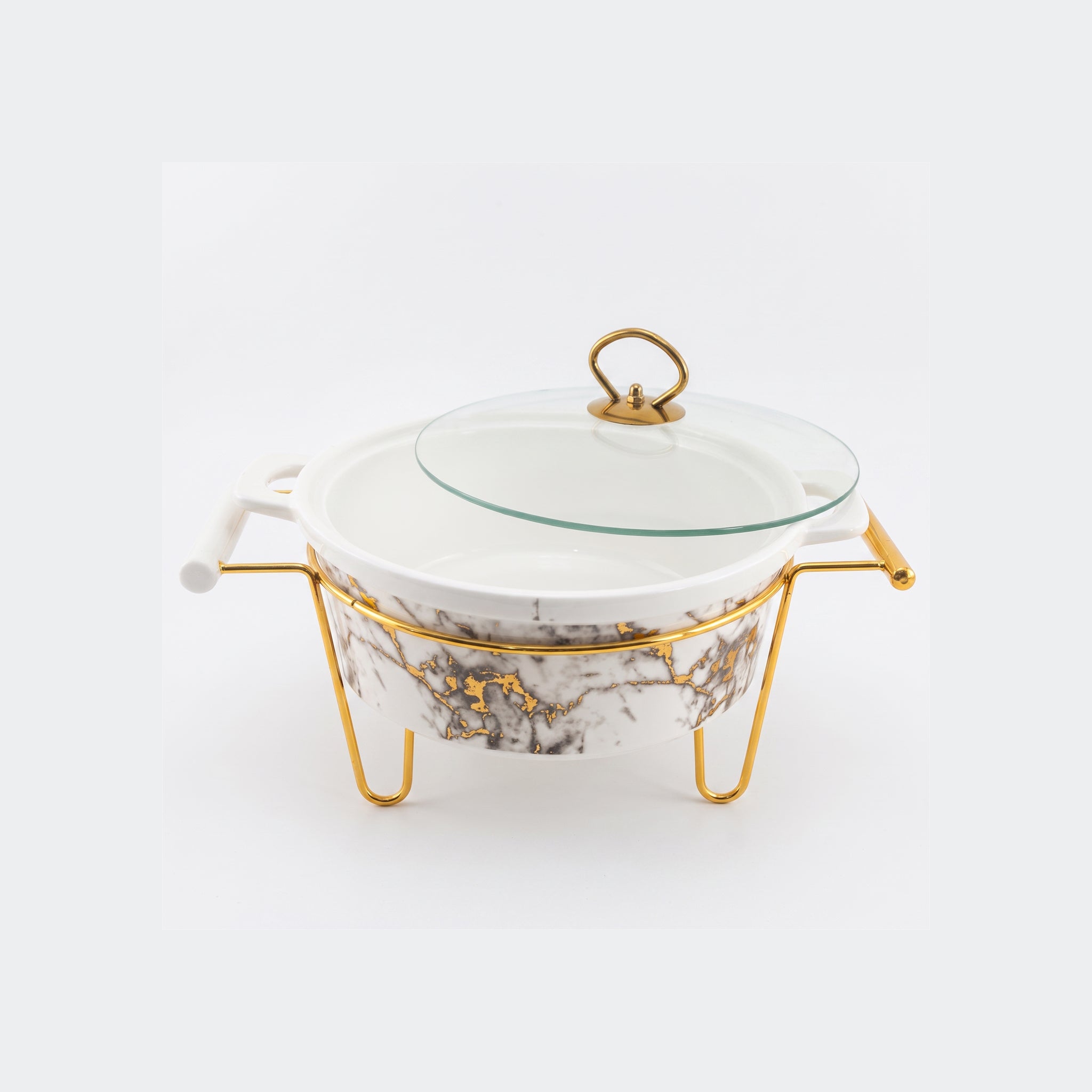 S/W Ceramic Imperial White Warmer Casserole With Glass Lid AND Golden Metallic Stand