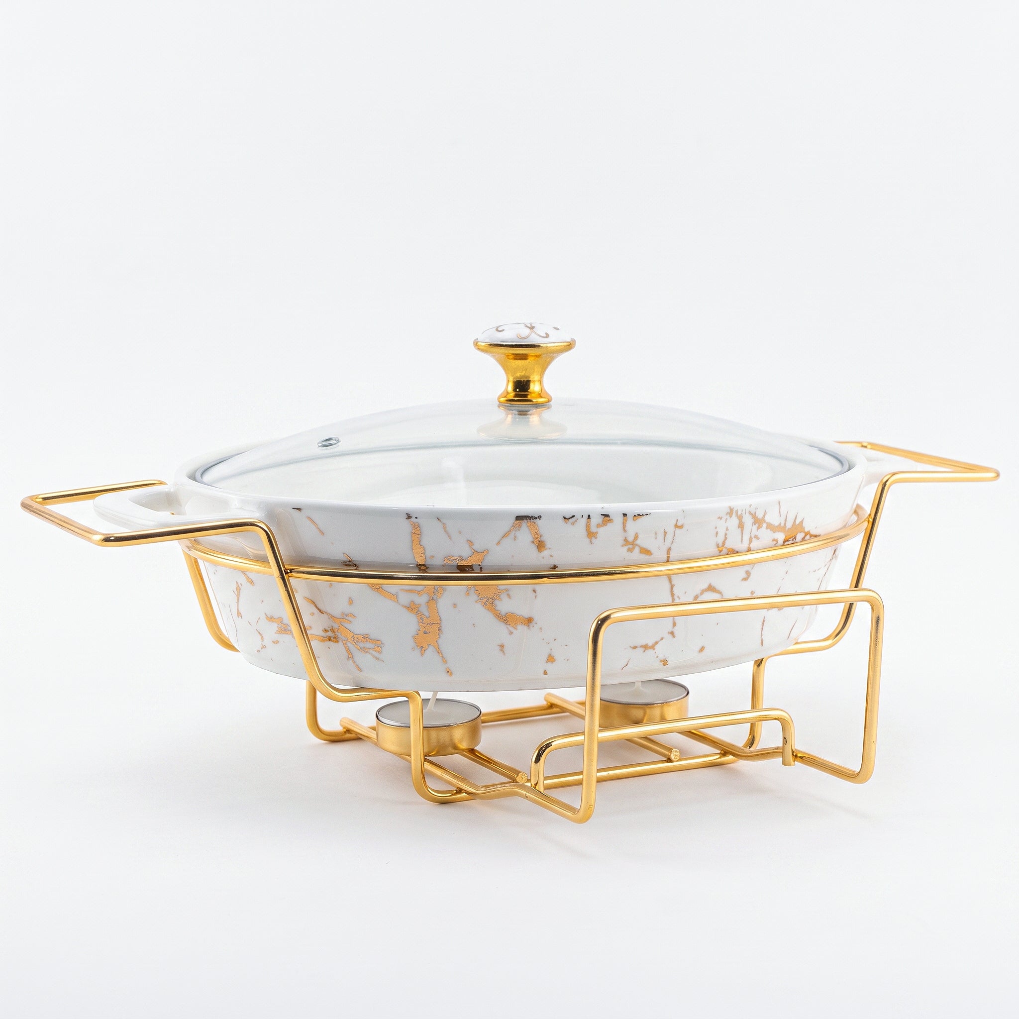 Brilliant 13.5-Inches Oval Ceramic Imperial White Casserole With Glass Lid AND Golden Metallic Stand