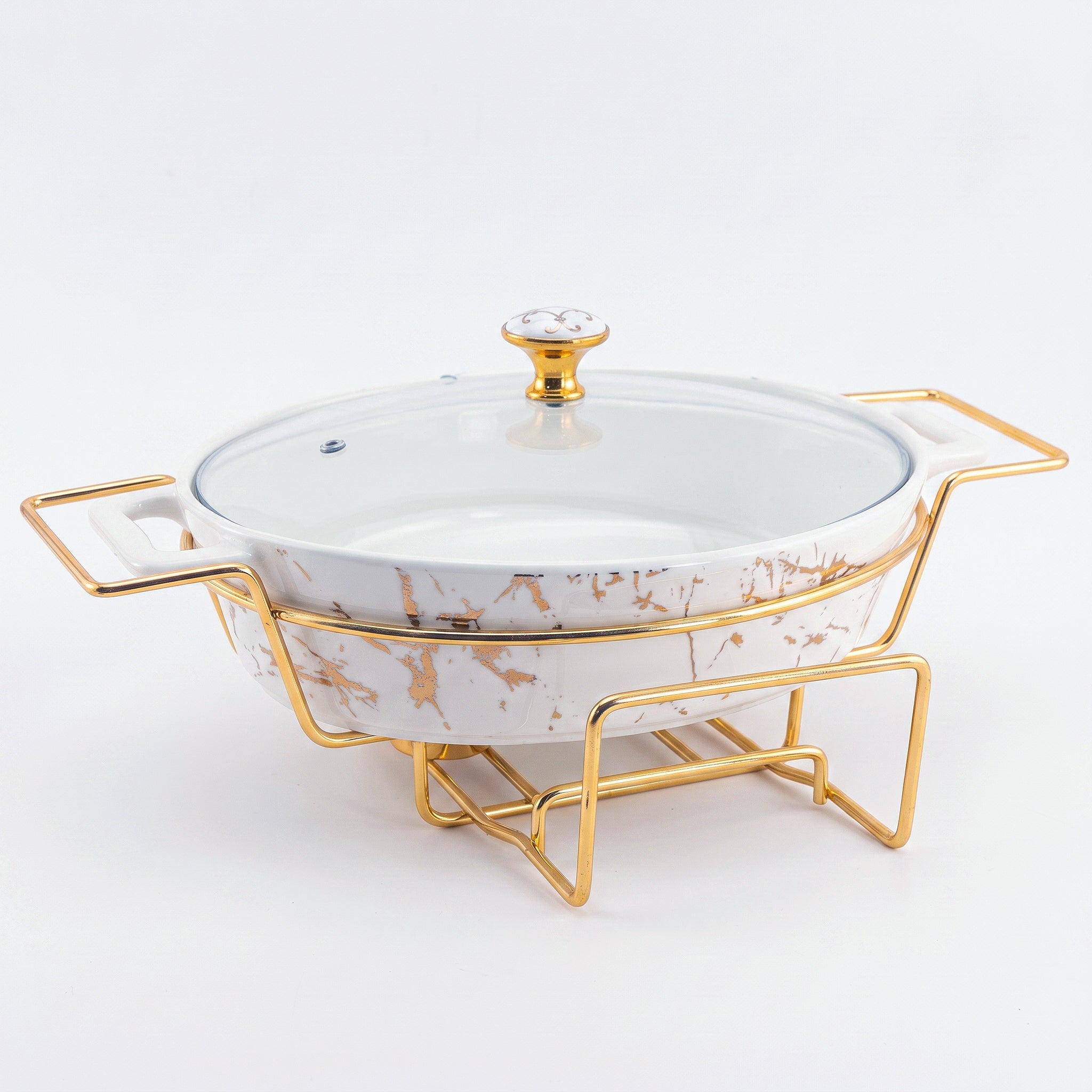 Brilliant 13.5-Inches Oval Ceramic Imperial White Casserole With Glass Lid AND Golden Metallic Stand