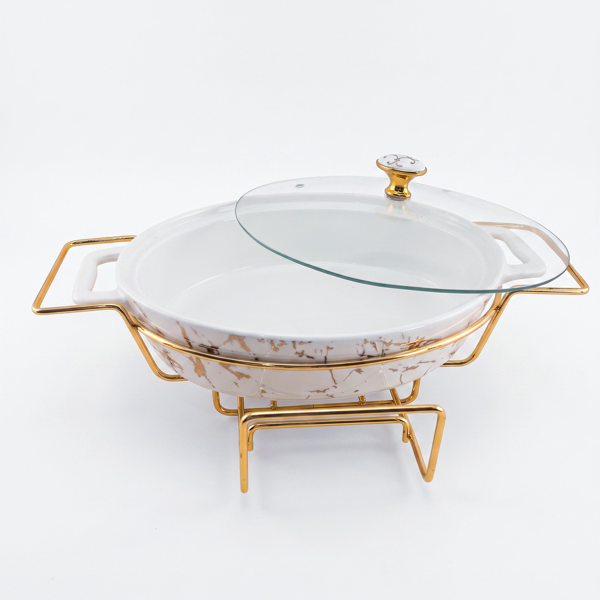 Brilliant 13.5-Inches Oval Ceramic Imperial White Casserole With Glass Lid AND Golden Metallic Stand