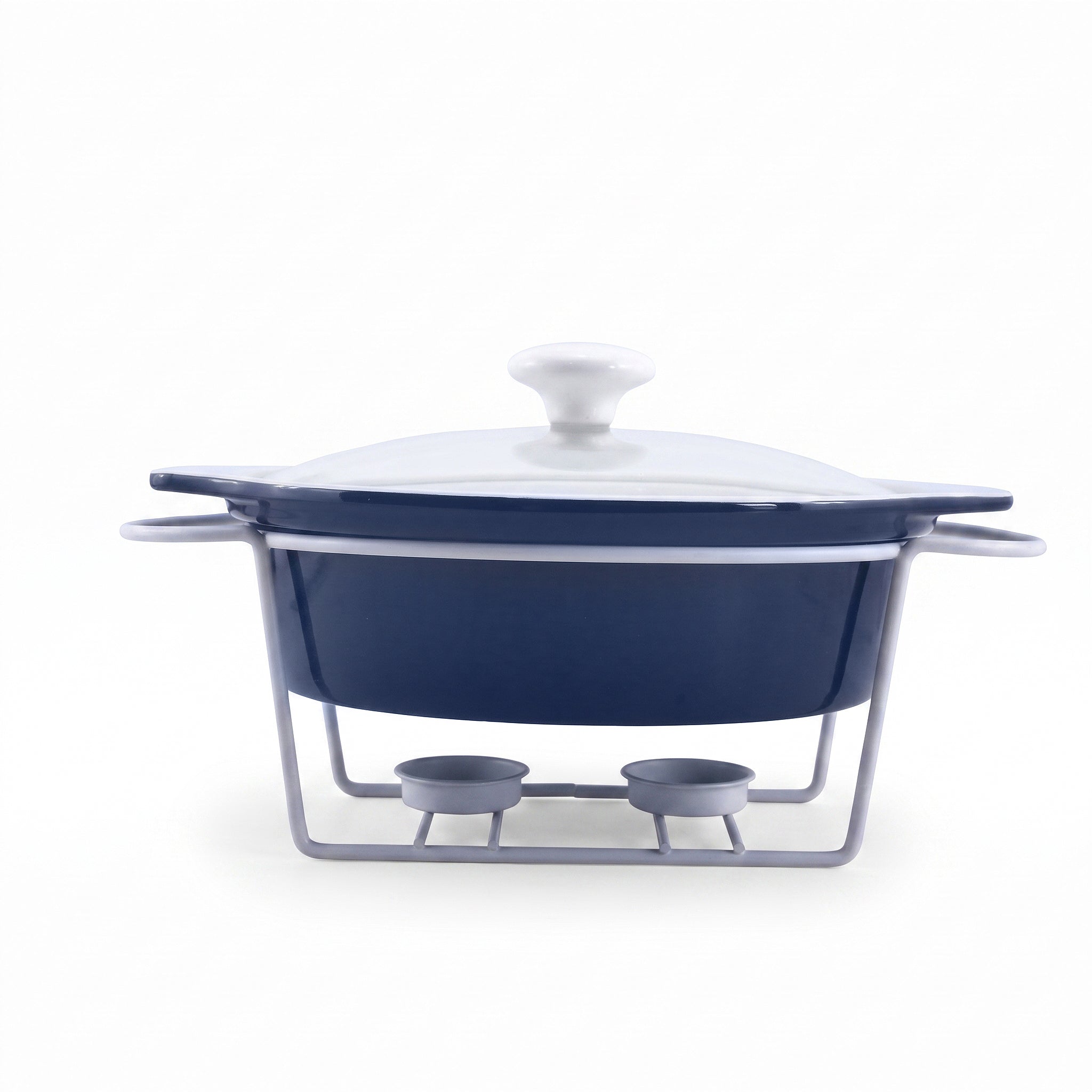 Brilliant Ceramic Oval Blue Plain Casseroles With Glass Lid AND White Metallic Stand