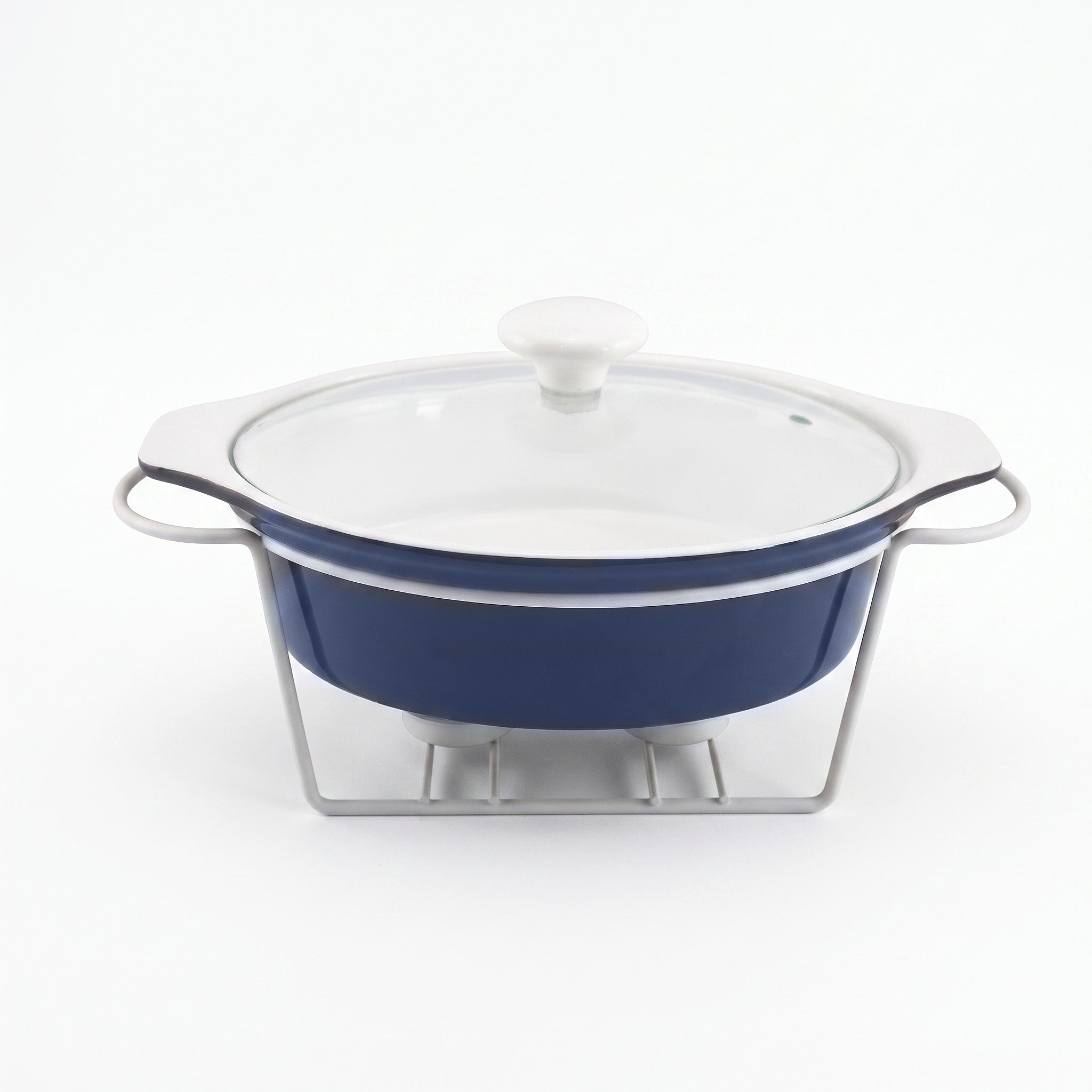 Brilliant Ceramic Oval Blue Plain Casseroles With Glass Lid AND White Metallic Stand