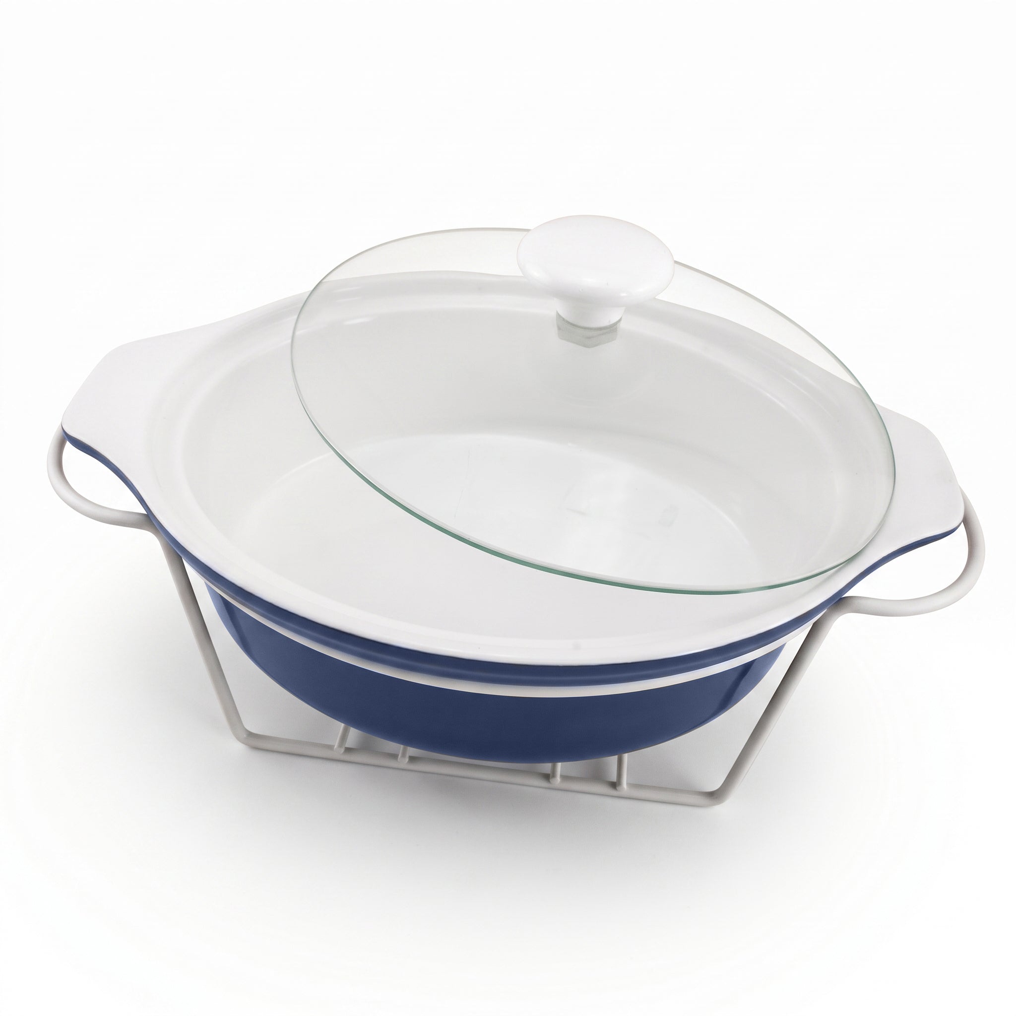 Brilliant Ceramic Oval Blue Plain Casseroles With Glass Lid AND White Metallic Stand