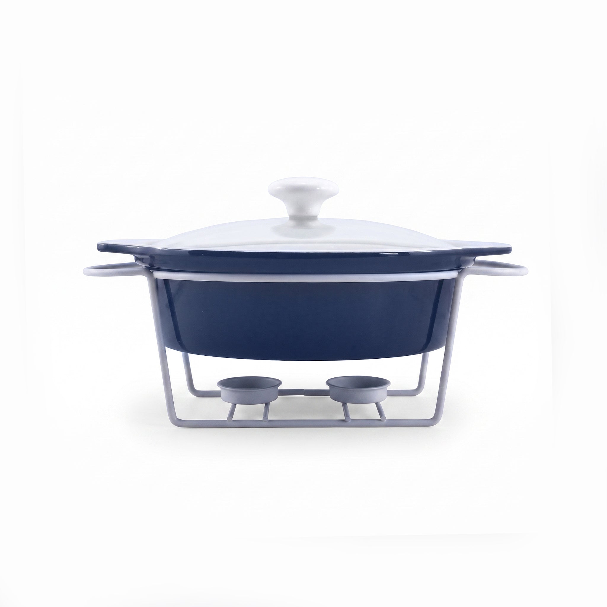 Brilliant Ceramic Oval Blue Plain Casseroles With Glass Lid AND White Metallic Stand