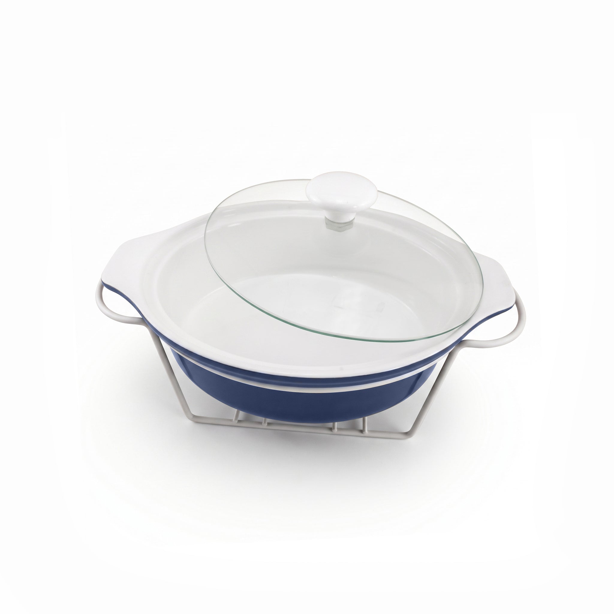 Brilliant Ceramic Oval Blue Plain Casseroles With Glass Lid AND White Metallic Stand