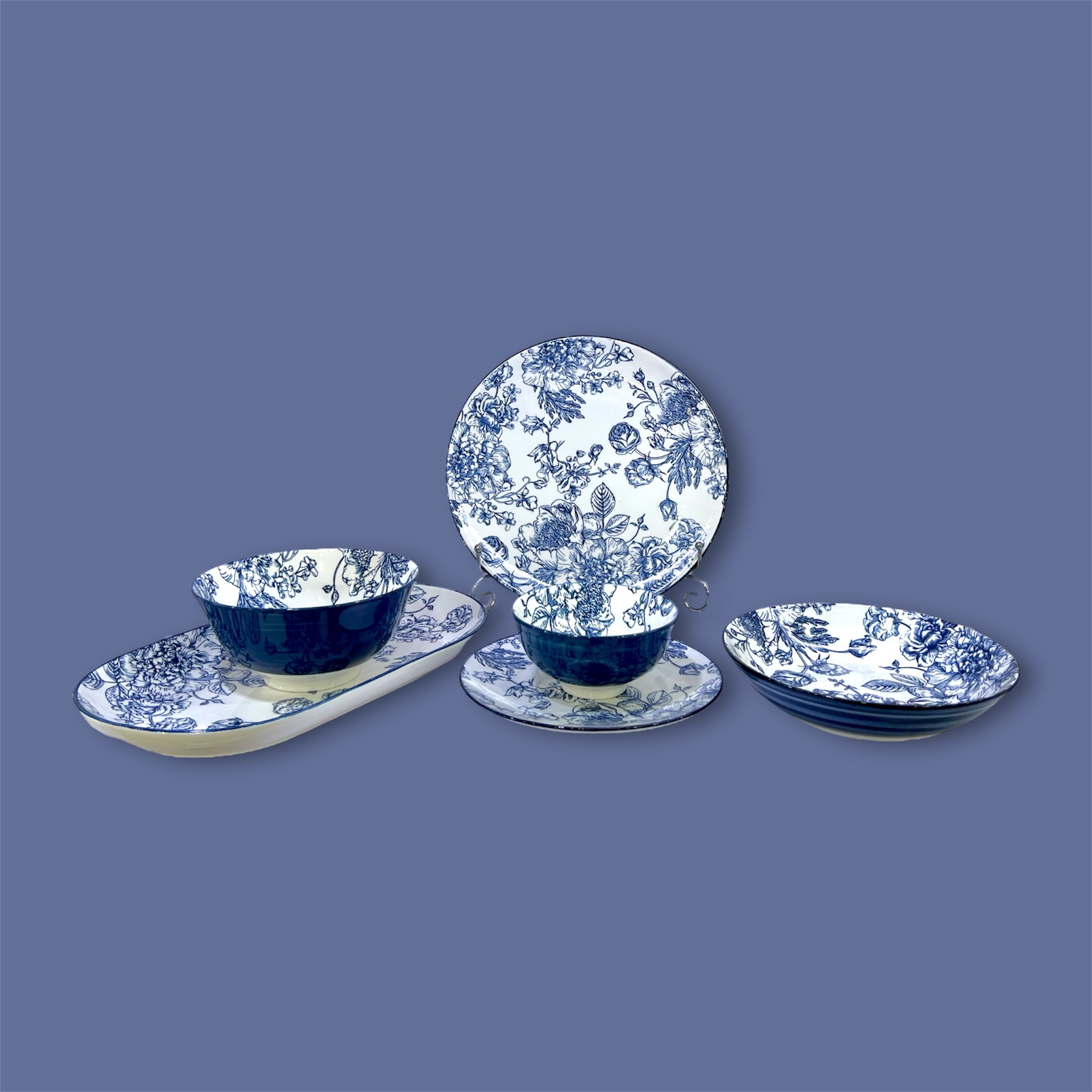 26-Piece Blue Floral Design Dinner Set