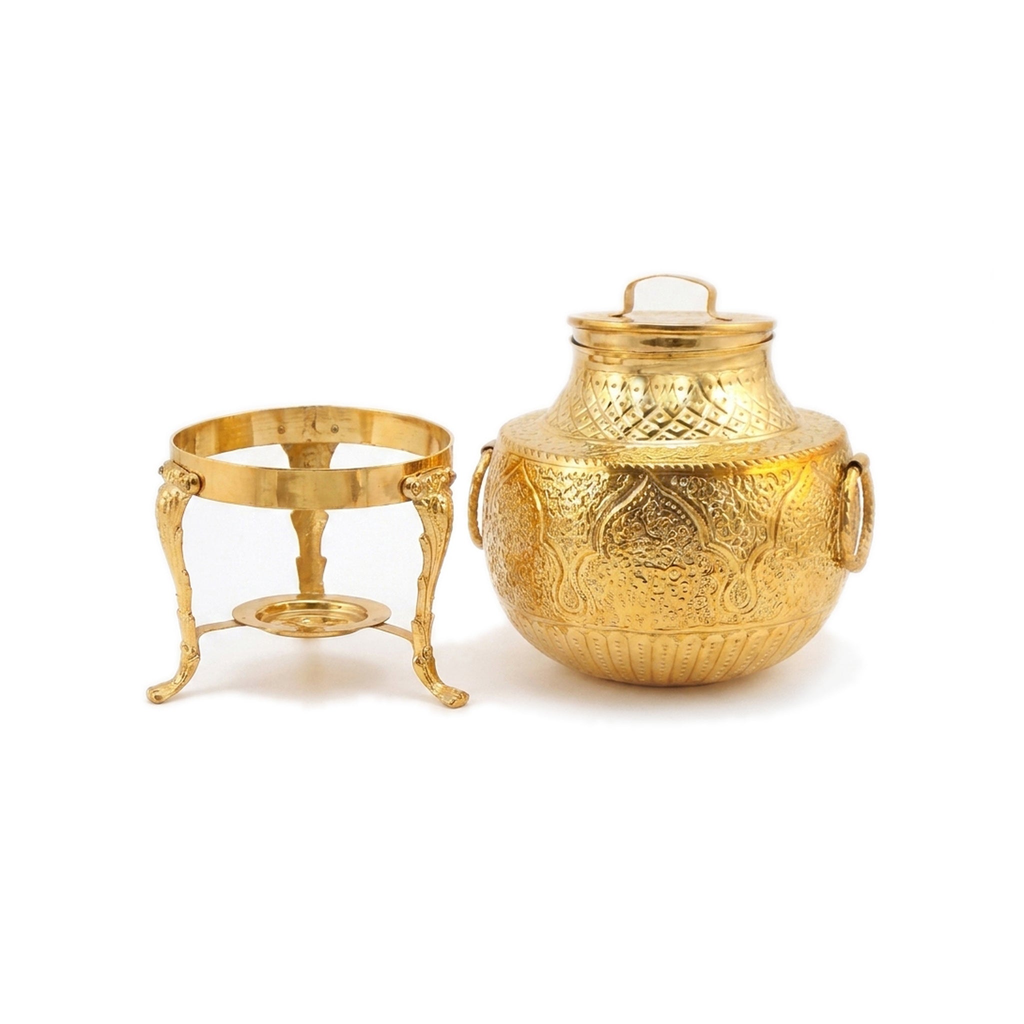 G.N 5-Liter, 3-Person Golden Brass Coated Hand-Crafted Round Daig With Stand