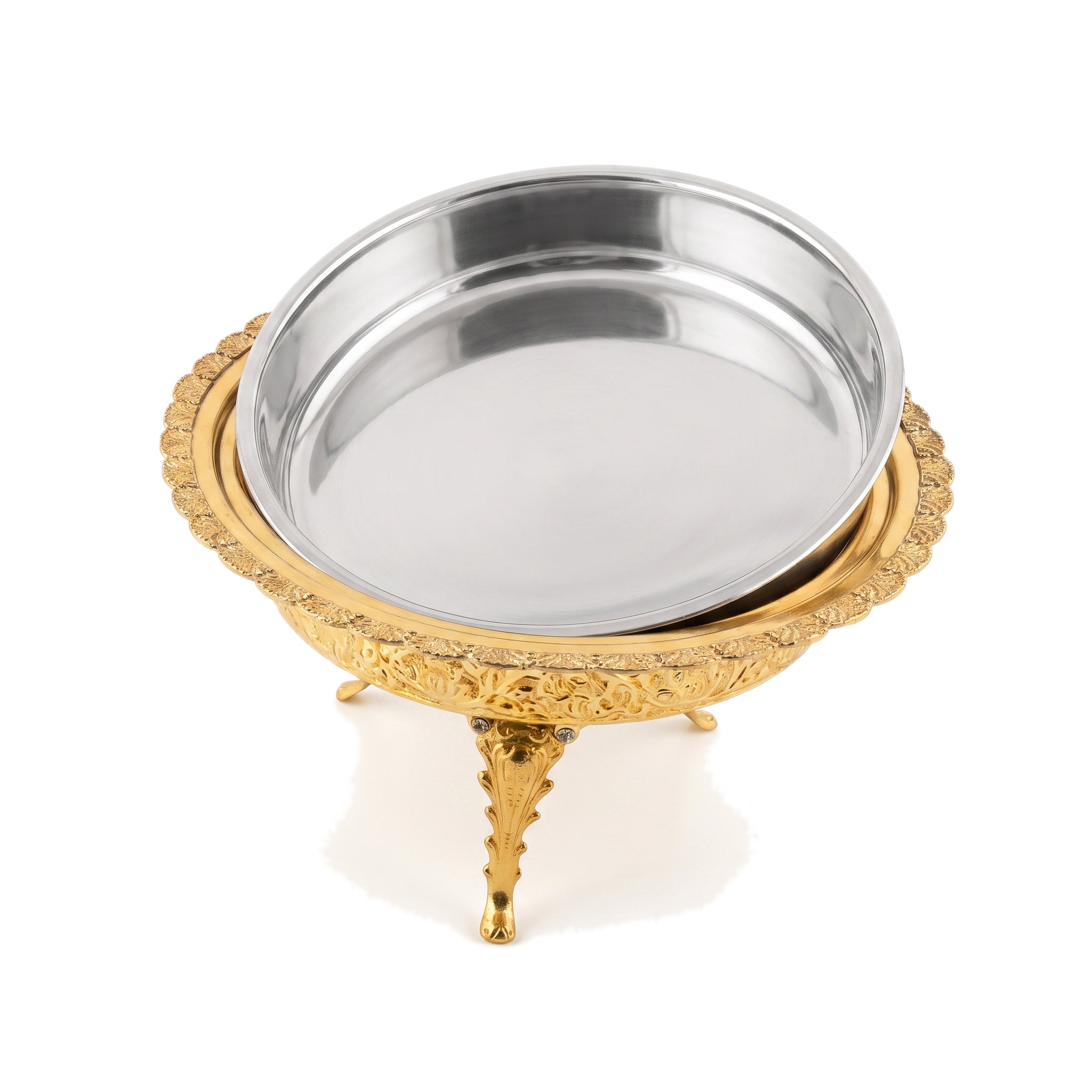 G.N 5-Liter, 4-Person Golden Brass Coated Hand-Crafted Round Platter With Silver Stainless Steel Dish