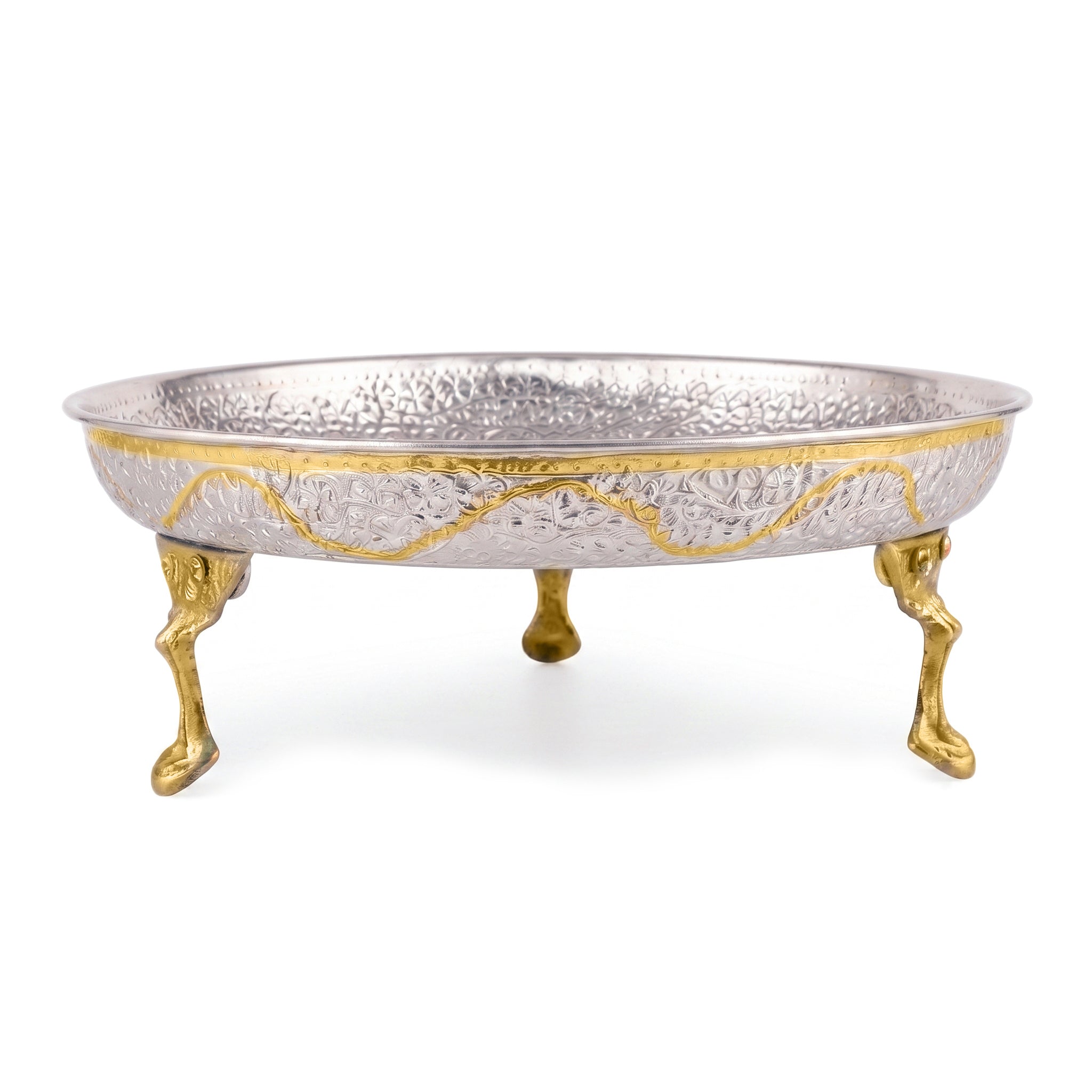 G.N 12-Inches Brass With Silver Coating Platter With Golden Stand