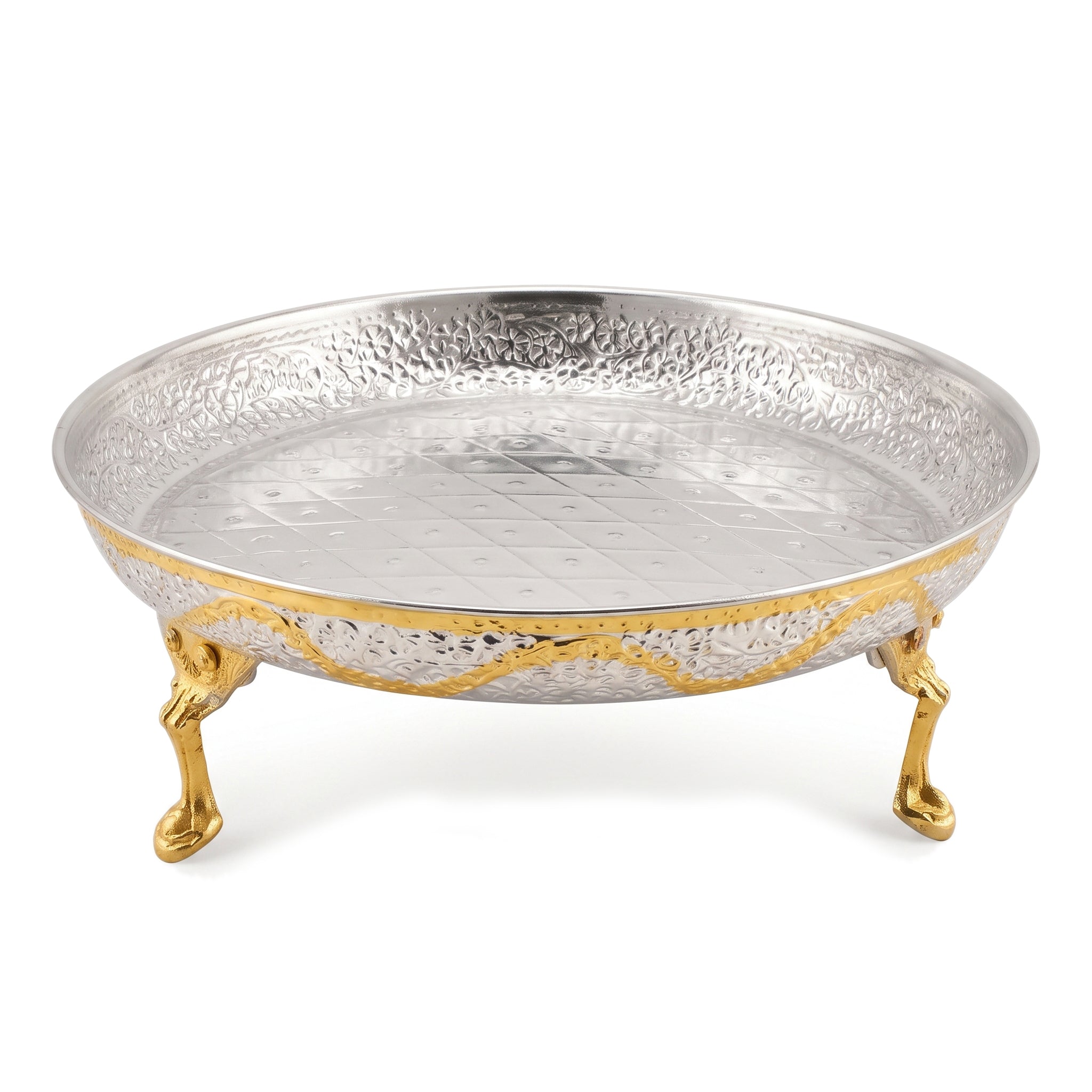 G.N 12-Inches Brass With Silver Coating Platter With Golden Stand