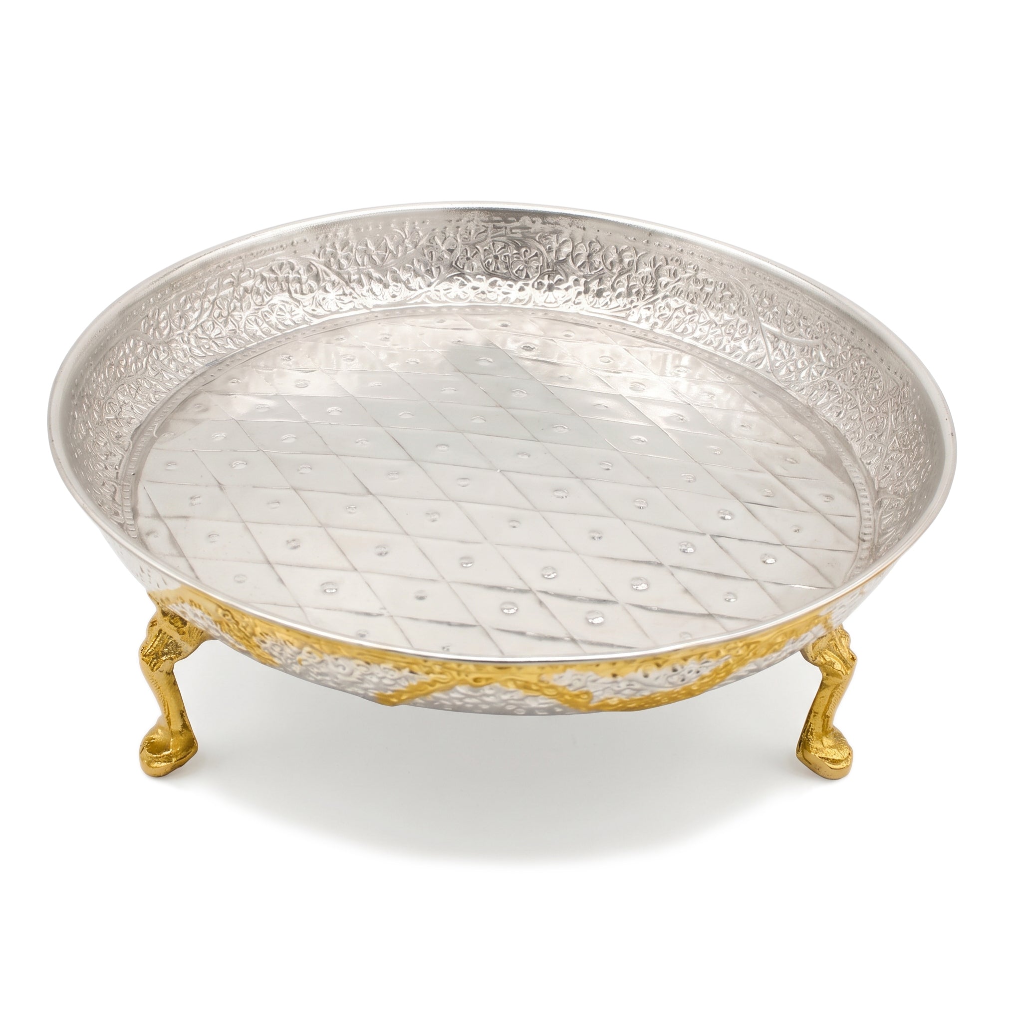 G.N 12-Inches Brass With Silver Coating Platter With Golden Stand