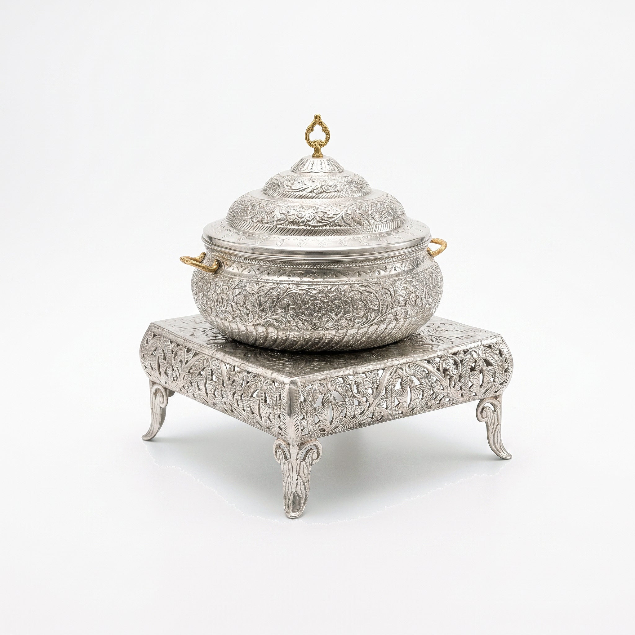 G.N 5-Liter, 4-Person Traditional Royal Silver Brass Food Warmer With Stand AND Stainless Steel Pot