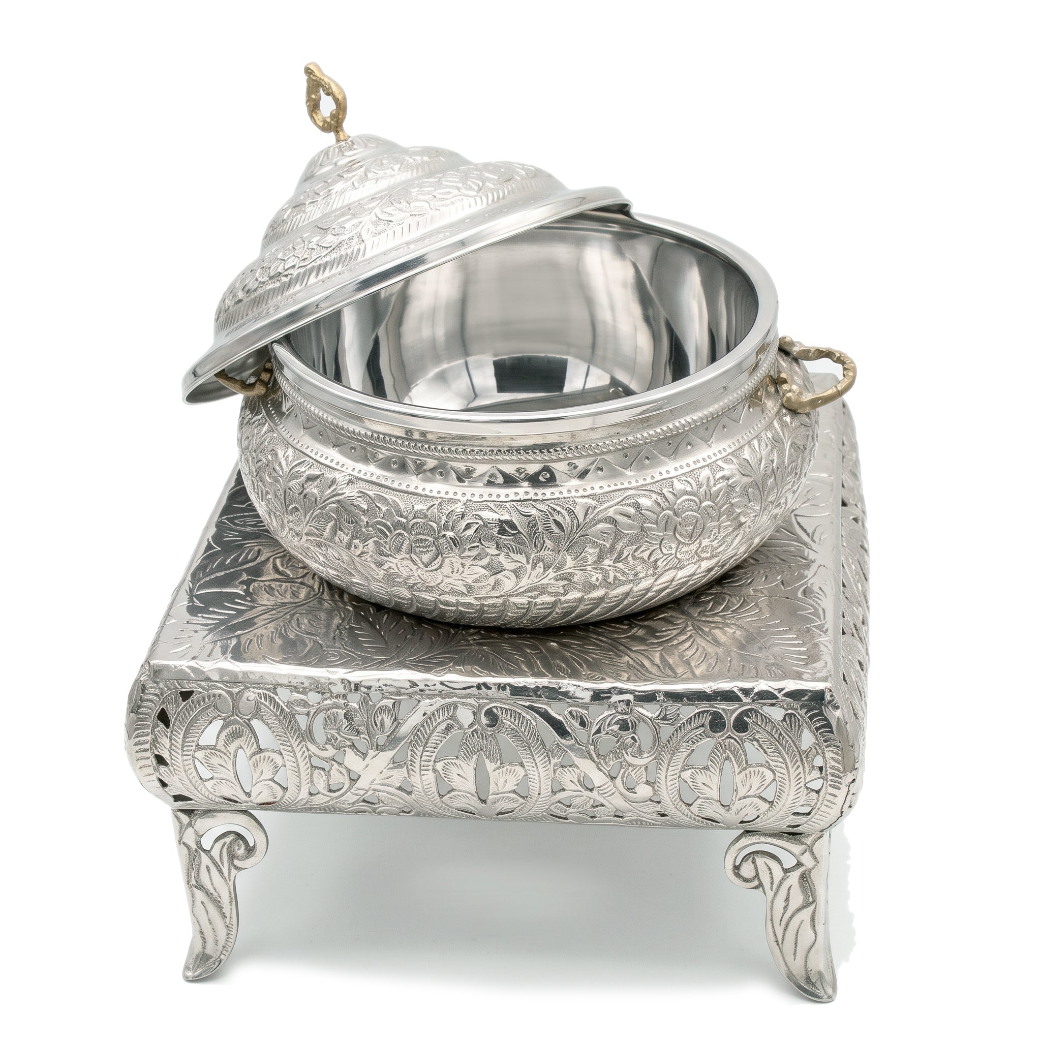 G.N 5-Liter, 4-Person Traditional Royal Silver Brass Food Warmer With Stand AND Stainless Steel Pot