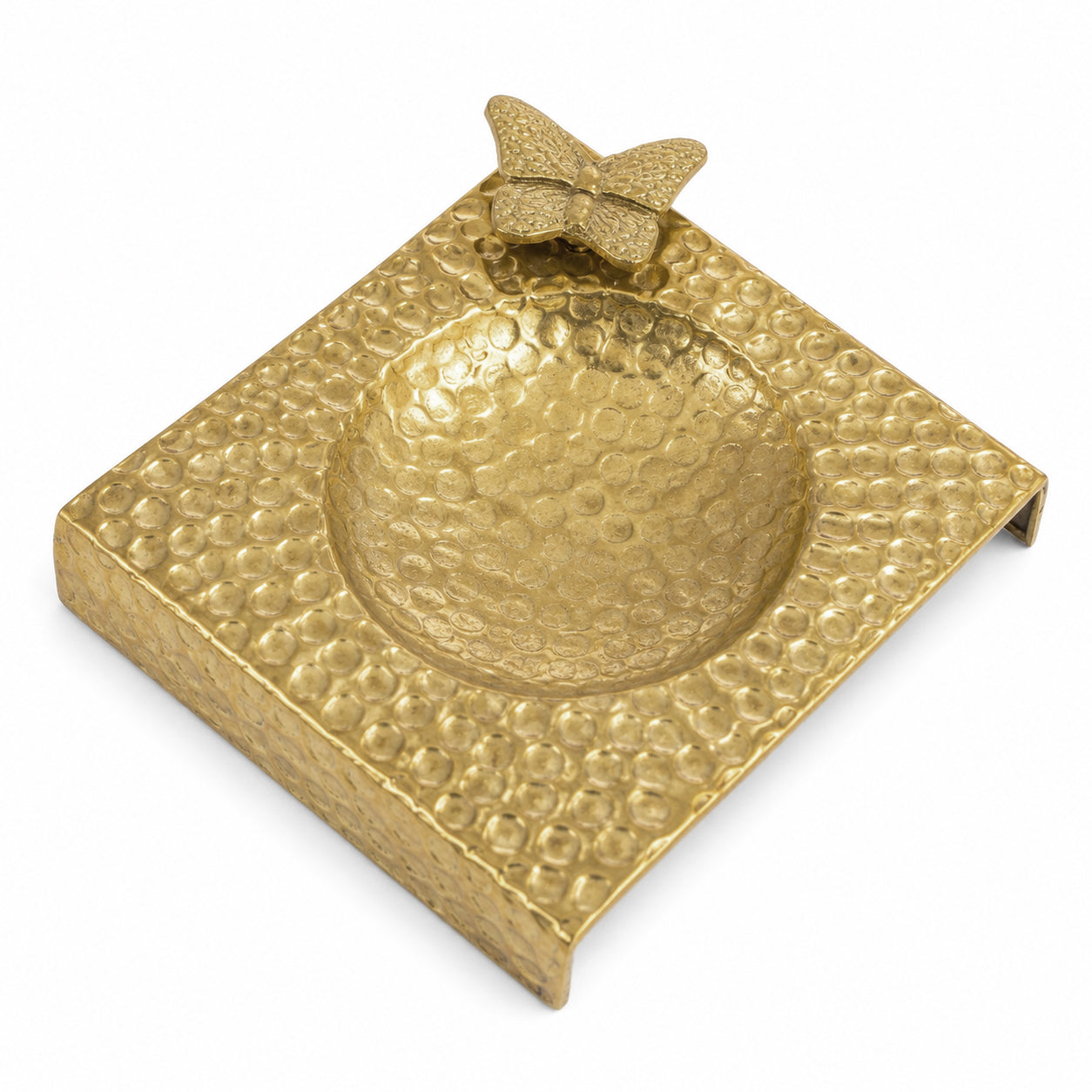 G.N 5*5 Inches Square Hammered Golden Brass Butterfly Design Spoon Rest