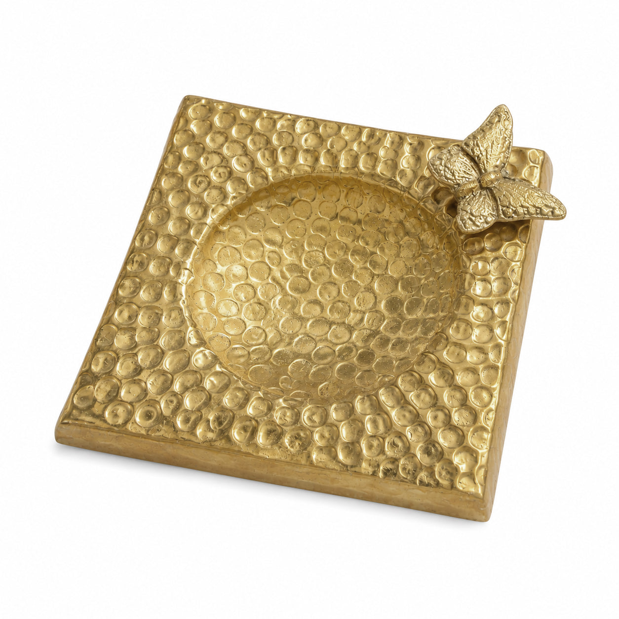G.N 5*5 Inches Square Hammered Golden Brass Butterfly Design Spoon Rest