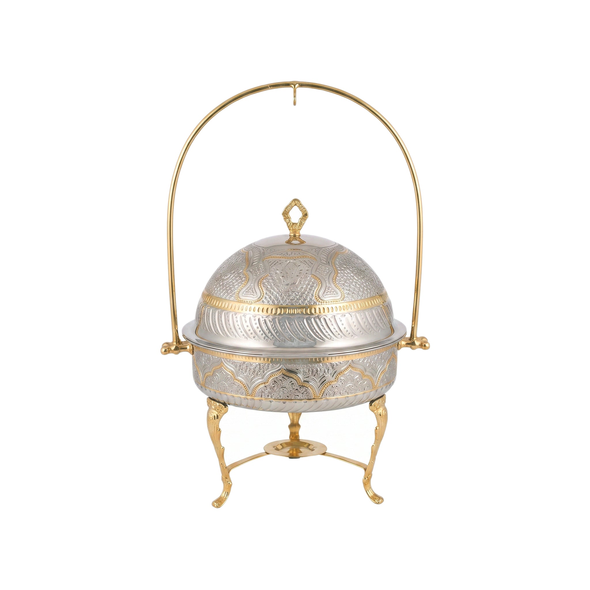 G.N 4-Liters, 4-person Round Hand-Crafted Round Brass Lift-Top Chafing Dishes With Golden Stand