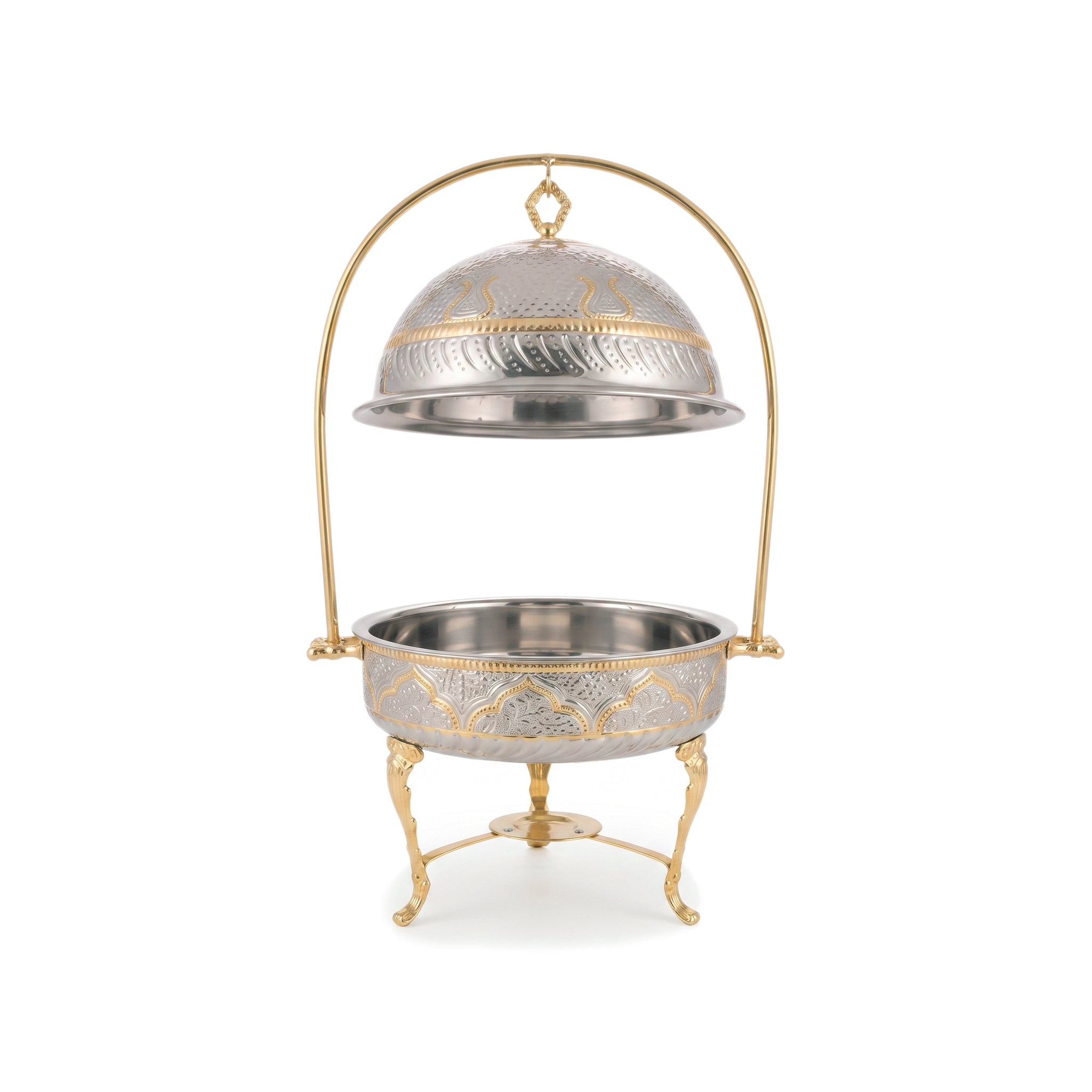 G.N 4-Liters, 4-person Round Hand-Crafted Round Brass Lift-Top Chafing Dishes With Golden Stand