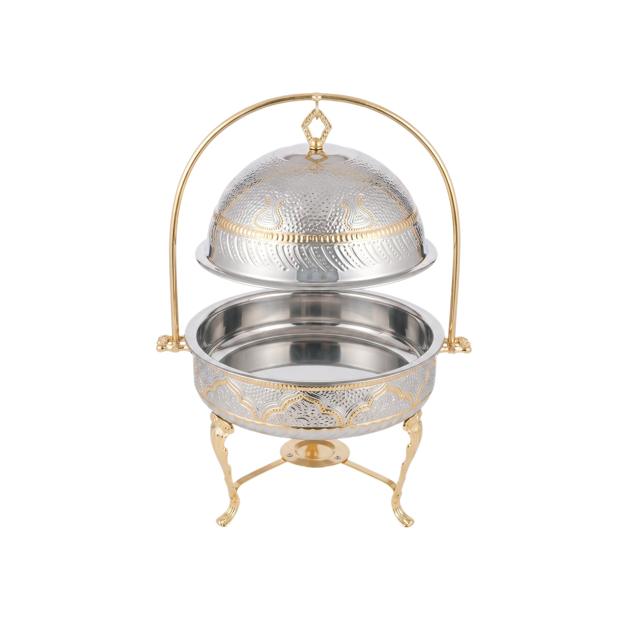 G.N 4-Liters, 4-person Round Hand-Crafted Round Brass Lift-Top Chafing Dishes With Golden Stand
