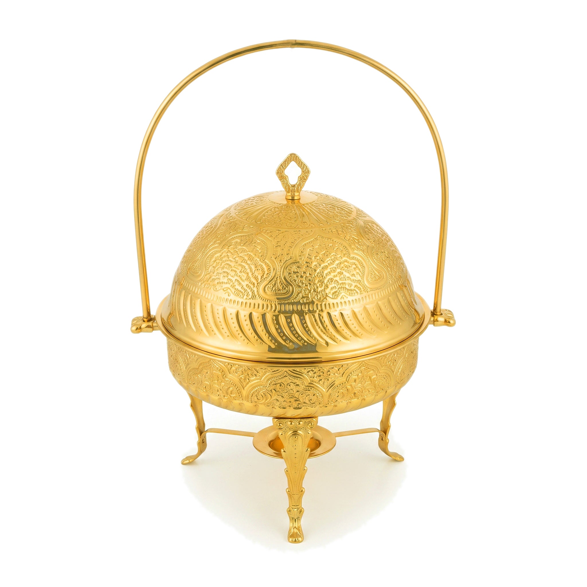 G.N 4-Liters, 4-person Round Hand-Crafted Round Brass Lift-Top Chafing Dishes With Golden Stand