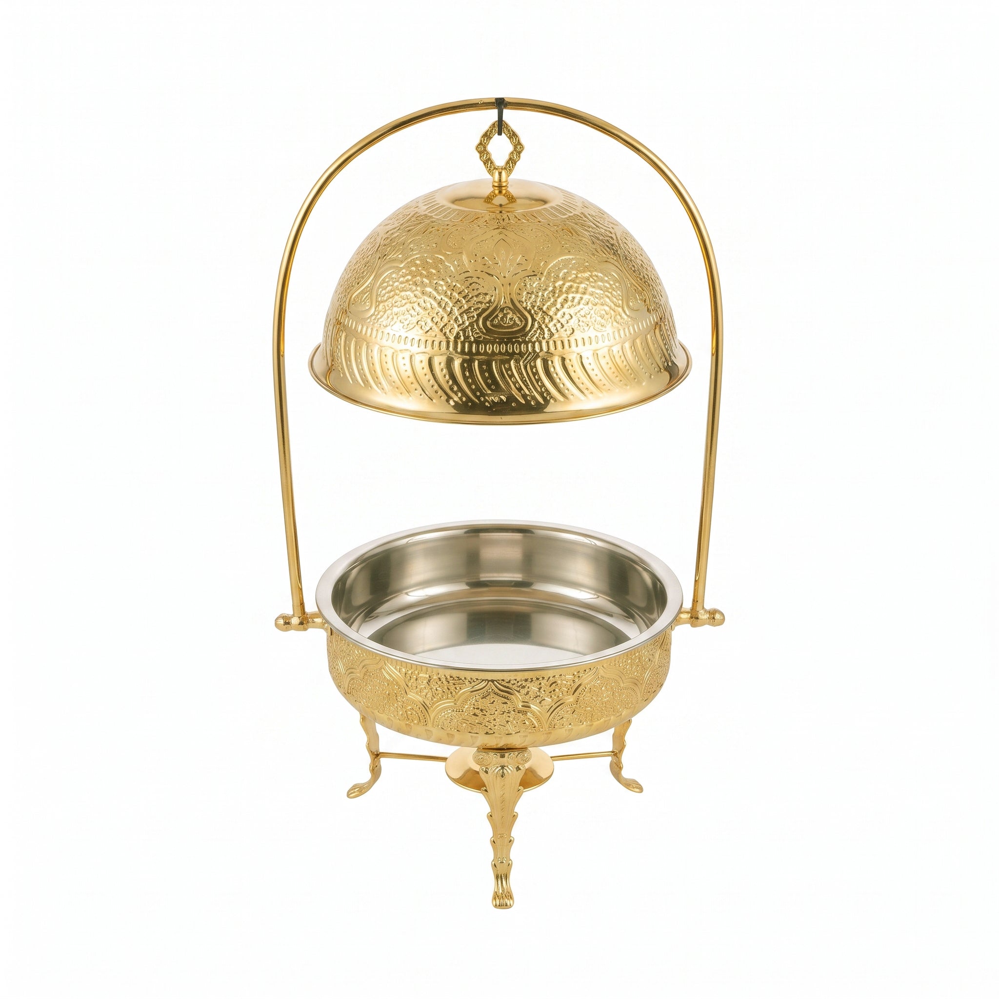 G.N 4-Liters, 4-person Round Hand-Crafted Round Brass Lift-Top Chafing Dishes With Golden Stand