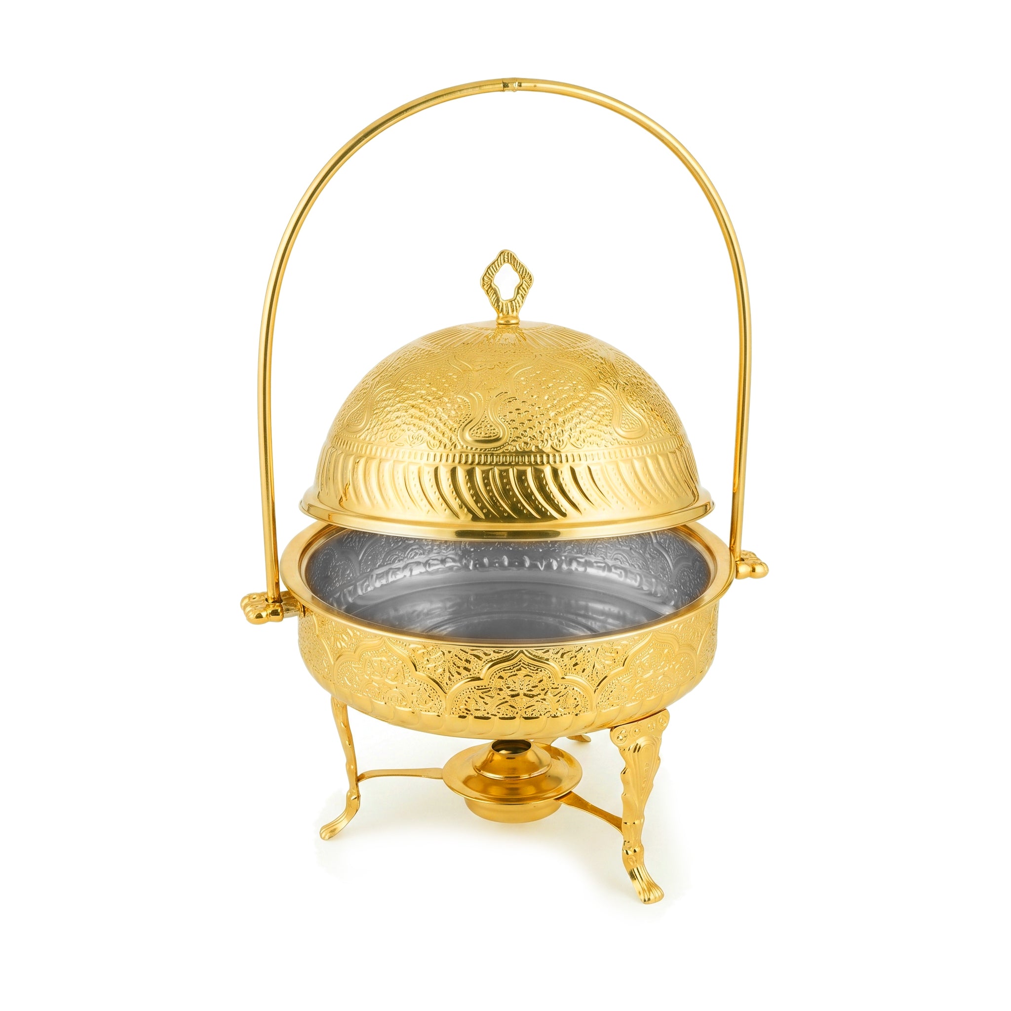 G.N 4-Liters, 4-person Round Hand-Crafted Round Brass Lift-Top Chafing Dishes With Golden Stand