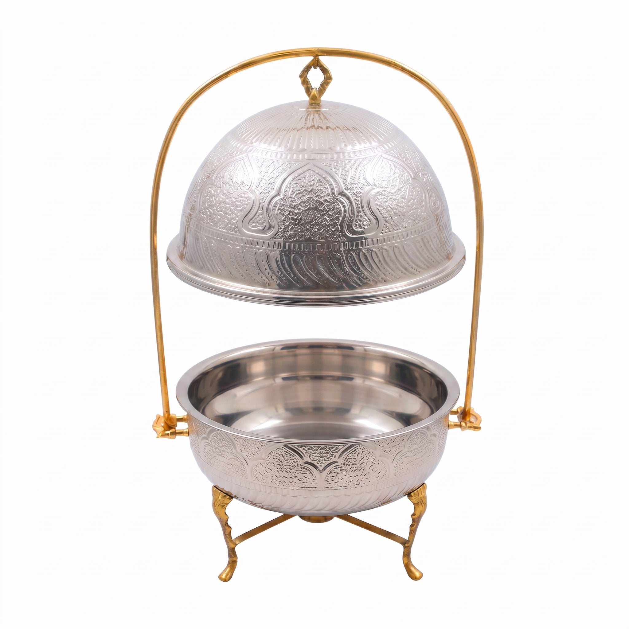 G.N 5-liter, 5-person Hand-Crafted Brass Round Lift-Top Chafing Dishes