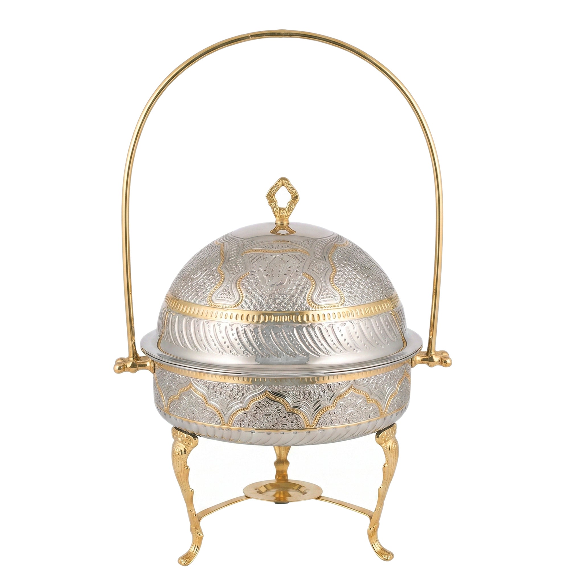 G.N 5-liter, 5-person Round Silver Brass Chafing Dish With Golden Design AND Golden Stand