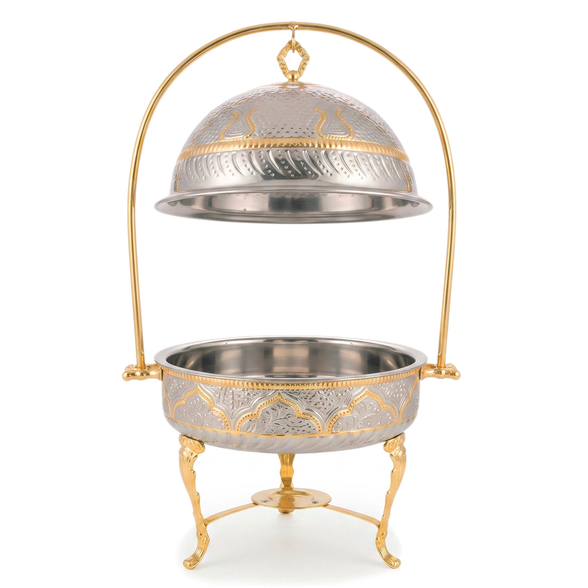 G.N 5-liter, 5-person Round Silver Brass Chafing Dish With Golden Design AND Golden Stand