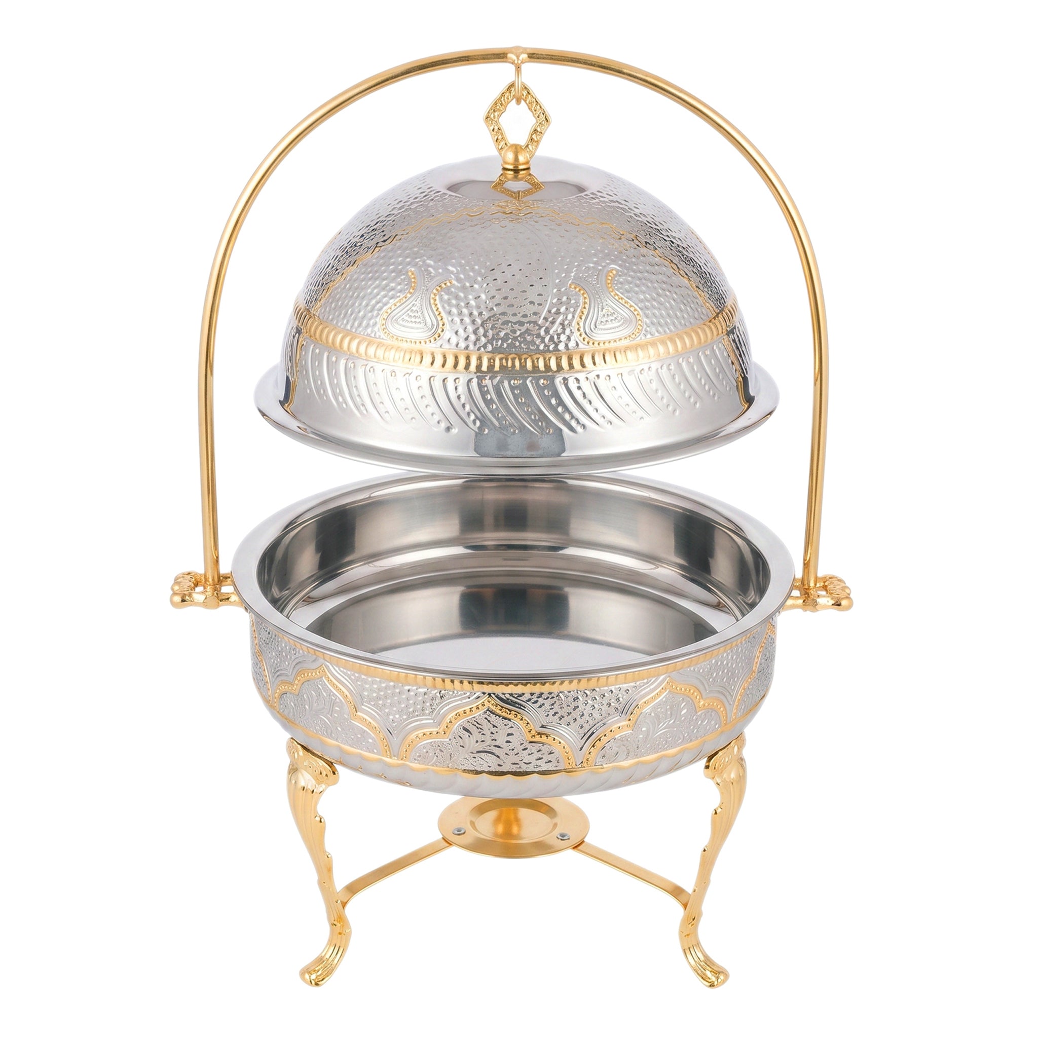 G.N 5-liter, 5-person Round Silver Brass Chafing Dish With Golden Design AND Golden Stand