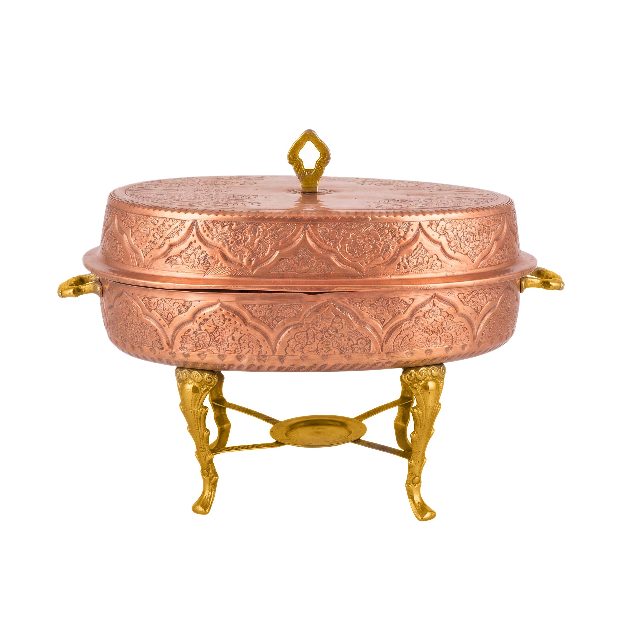 G.N 5-Liter, 5-Person Oval Copper Brass Lift-Top Chafing Dish With Golden Stand