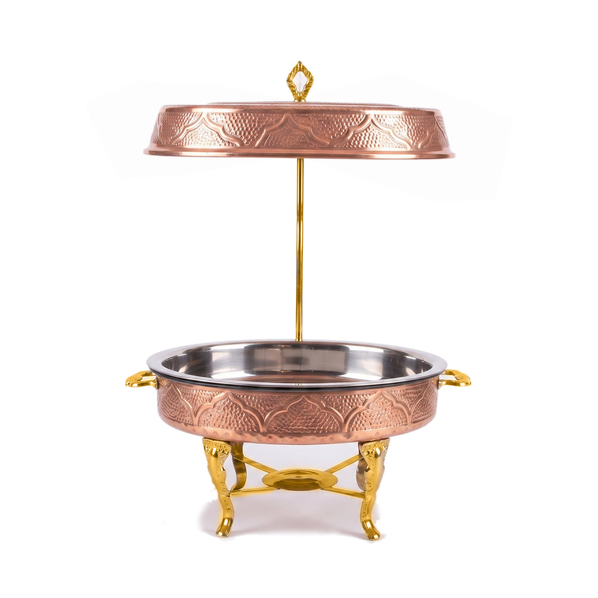 G.N 5-Liter, 5-Person Oval Copper Brass Lift-Top Chafing Dish With Golden Stand