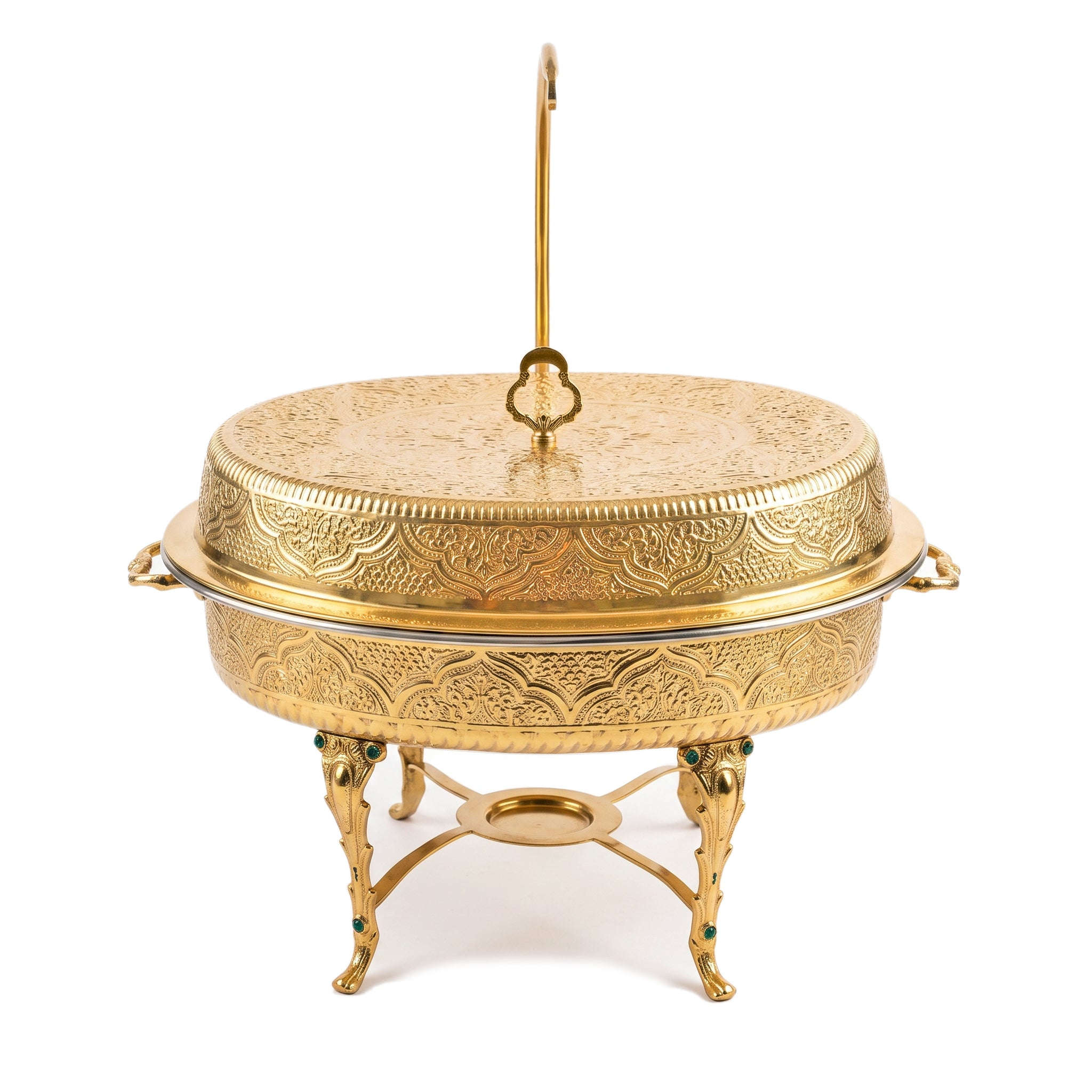 G.N 5-Liter, 5-Person Oval Brass Lift-Top Chafing Dishes With Golden Stand Kaka Bawa Sons